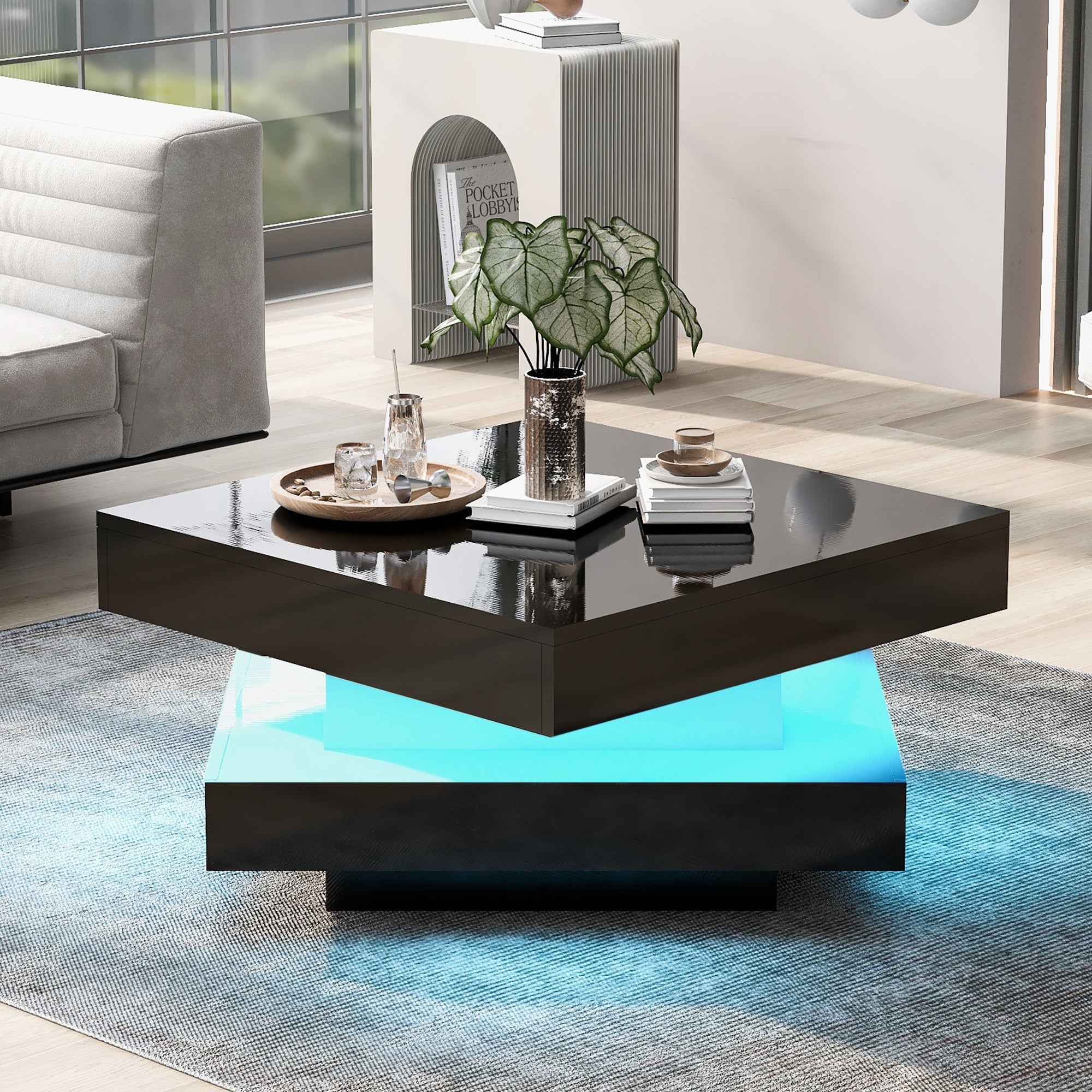 Black Square High Gloss Coffee Table with 360¡ã Rotating Top, Tea Table with 16-Color LED light, 70x70x36 cm