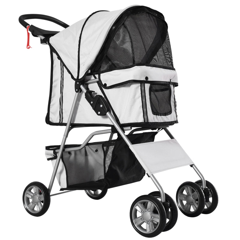 Pet Stroller: Foldable Pushchair with Wheels, Zipper Entry, Cup Holder & Basket, Grey