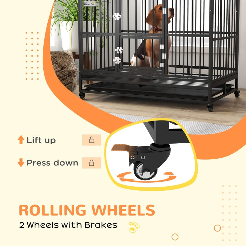 Dog Crate Heavy Duty on Wheels, Removable Tray, Openable Top, L/XL - Black