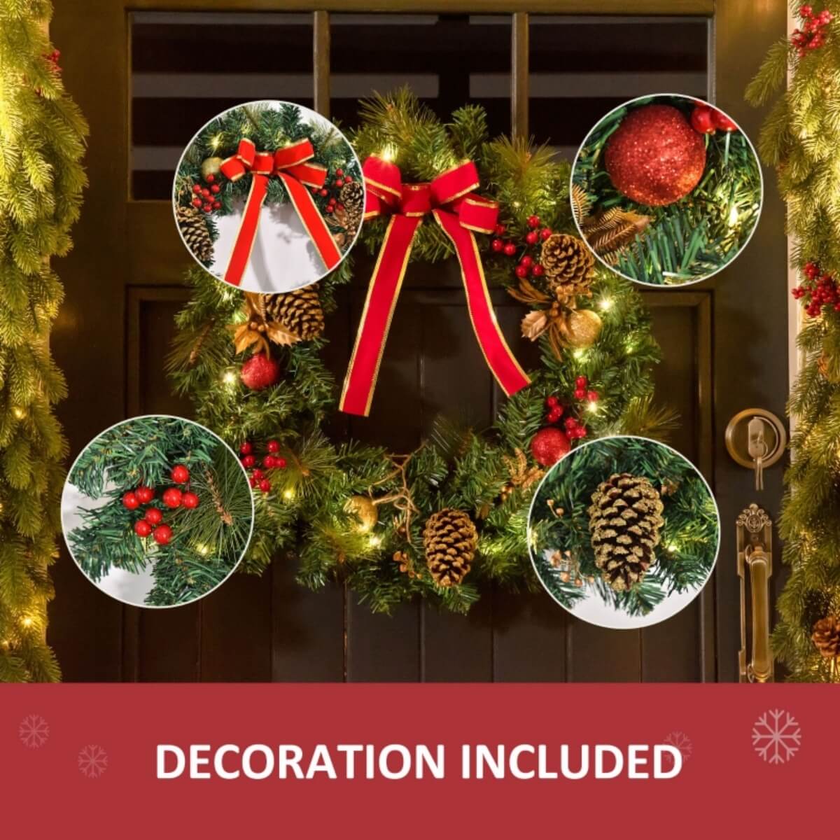 60cm Pre-Lit Artificial Christmas Wreath with Holly, Pine Cones & LEDs – Indoor Decoration