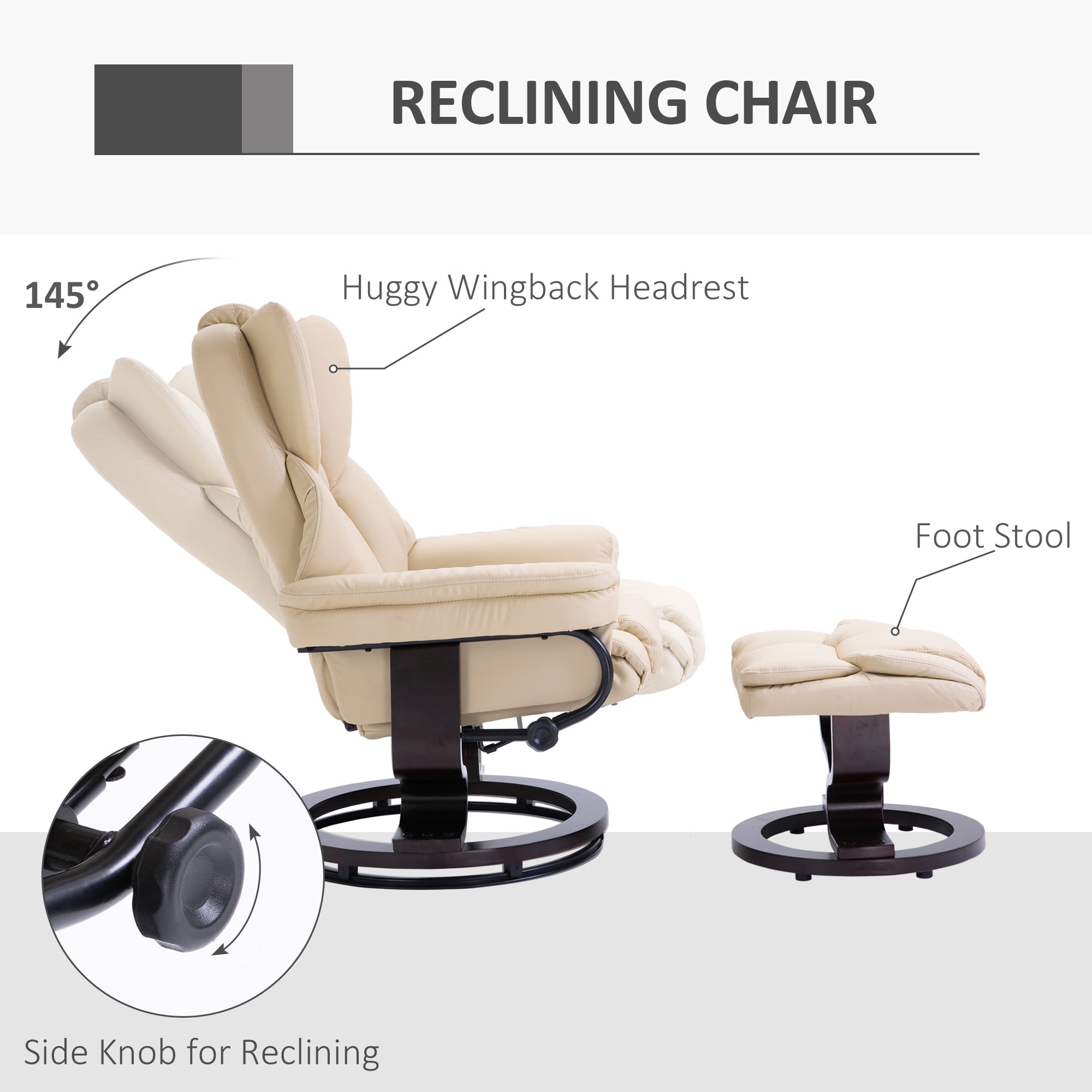 360¡ã Swivel Recliner Chair with Footstool, PU Leather Manual Reclining Armchair, Cream