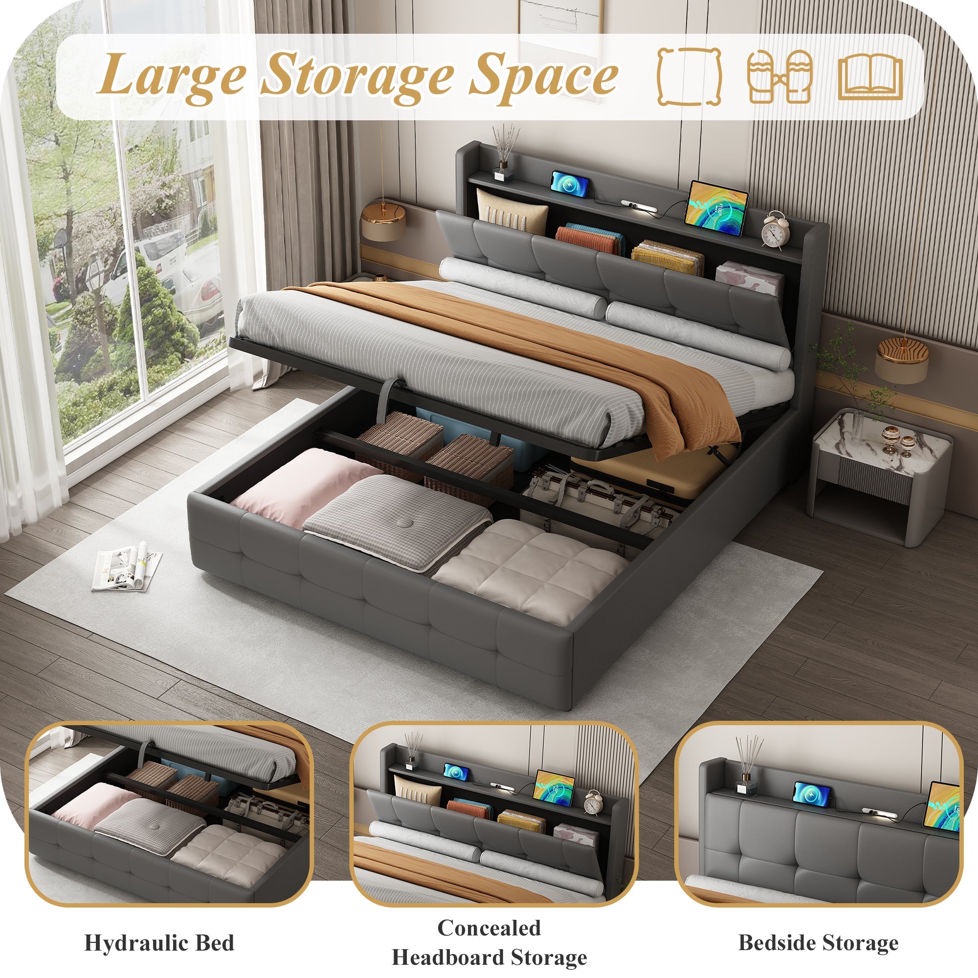 4ft6 Double Upholstered Bed Frame with Hydraulic Storage, Charging Station and LED Night Light, Grey