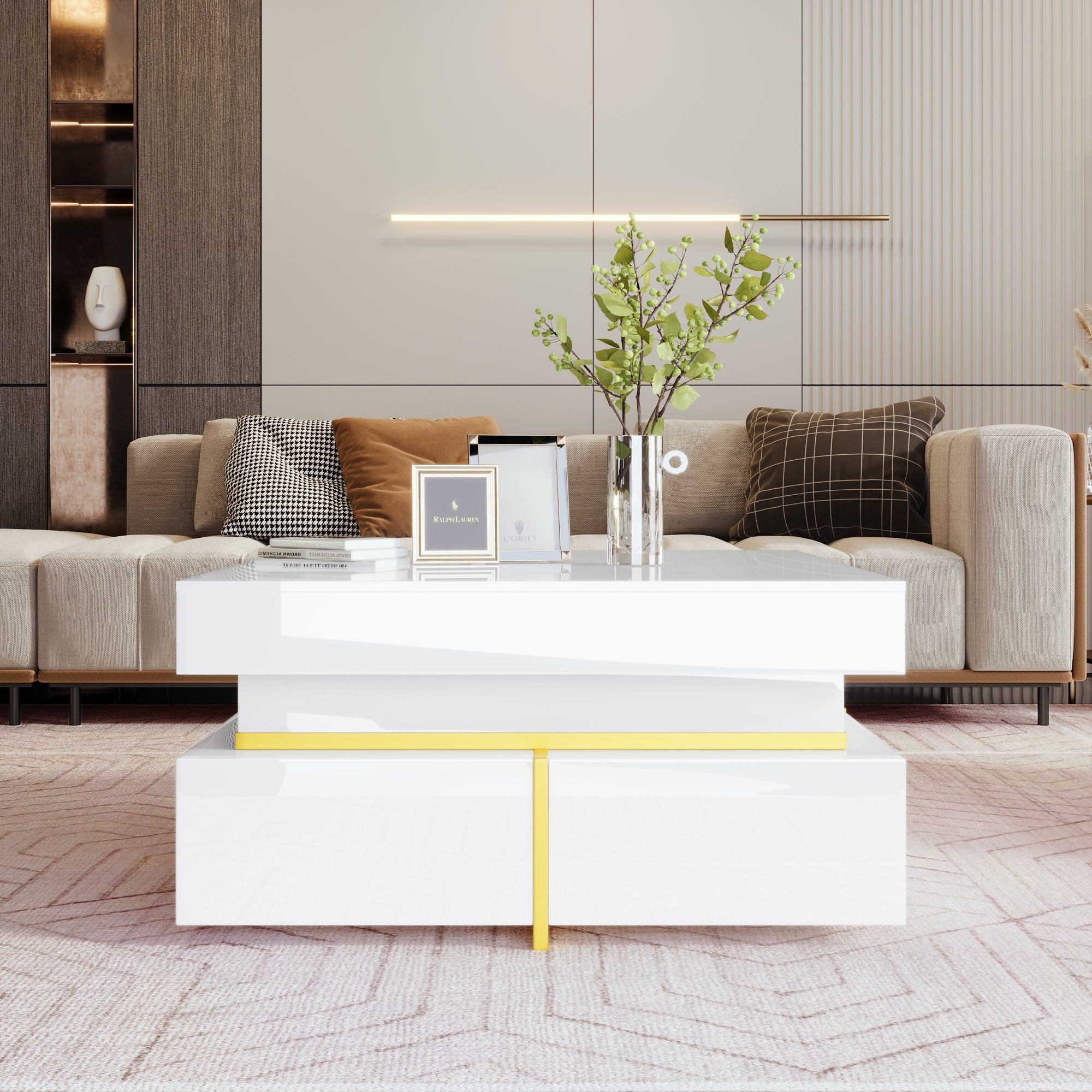 Coffee Table, High-Gloss, Drawers and Gold Accents