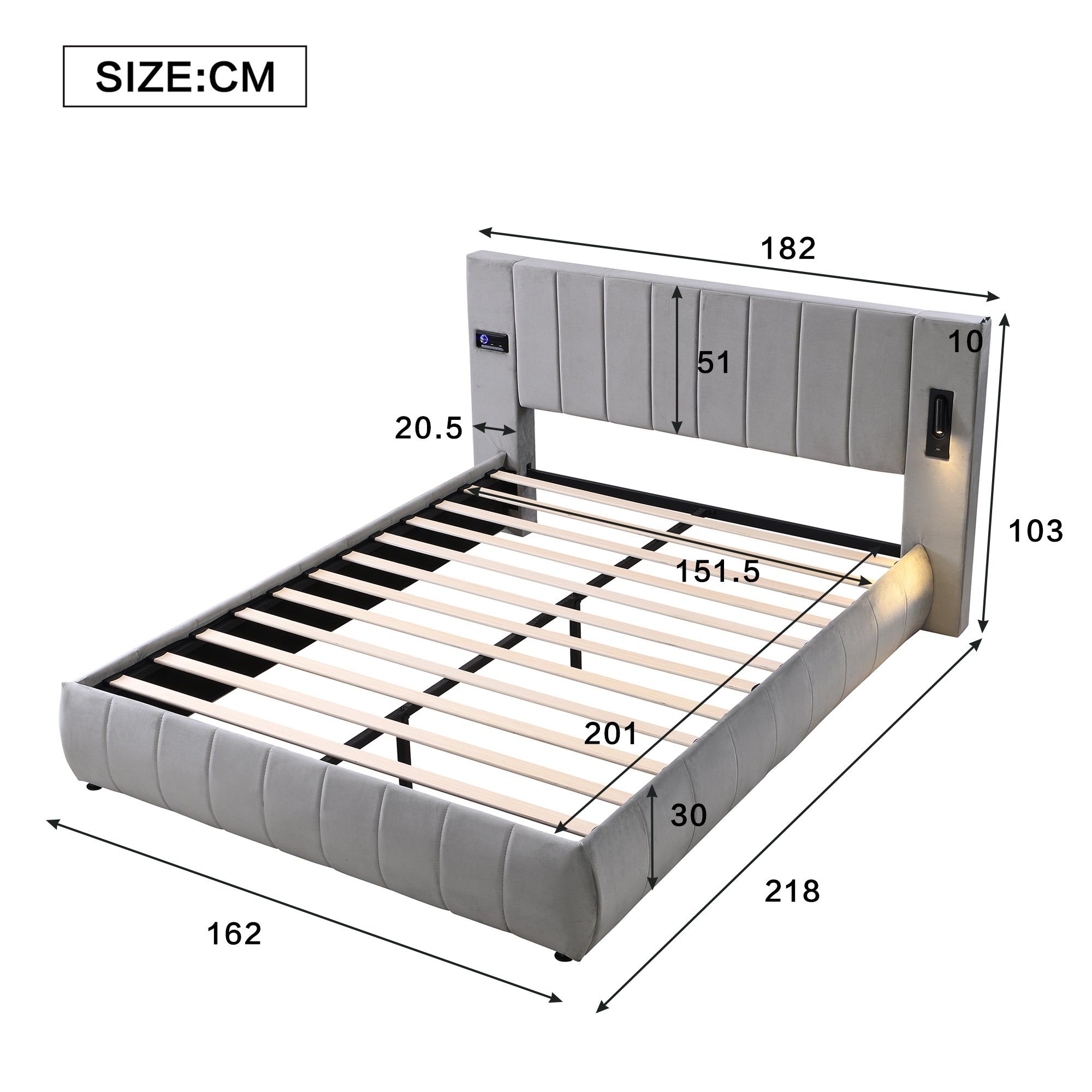 Upholstered Bed King Size 150x200cm with Stereo, USB Ports, Lighting, Electrical Plug & Soft Headboard, Grey Velvet+Iron