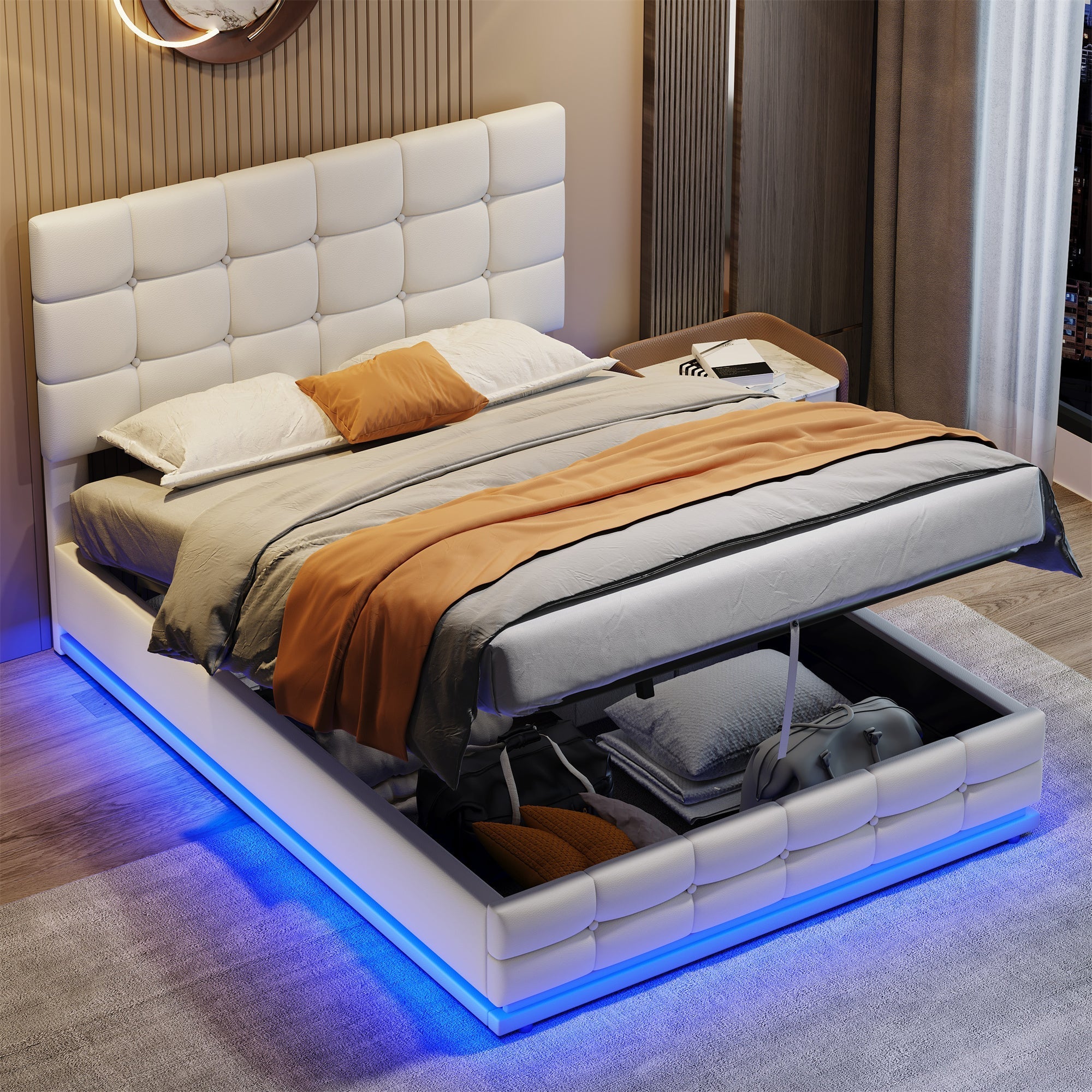 Ottoman Double Bed with LED Lighting, Hydraulic Storage, Adjustable Button Tufted Headboard, Cream White PU Leather (No Mattress)
