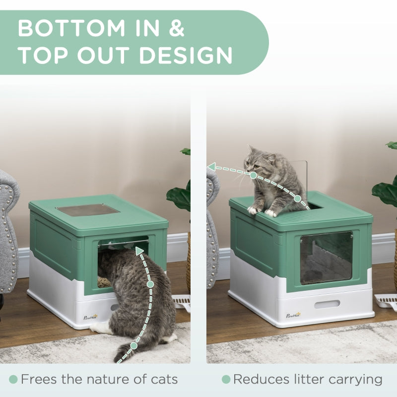 Hooded Cat Litter Box, Portable, with Scoop, Front Entry - Green