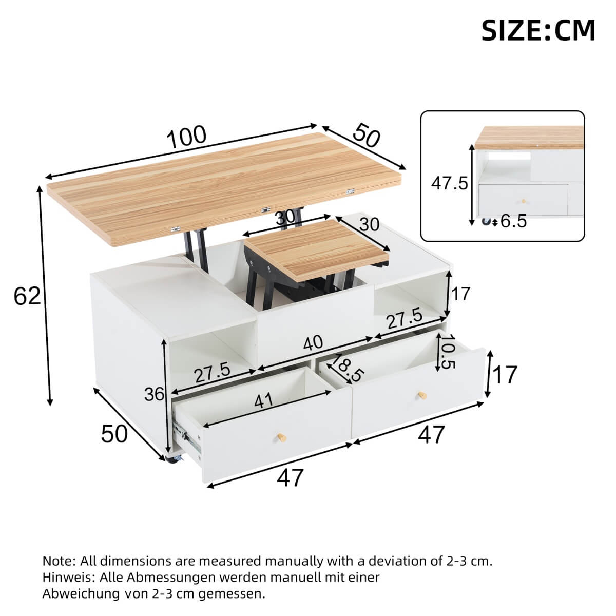 Lift-Top Coffee Table with Storage & Wheels – Extendable Dual Platform Living Room Centre Table