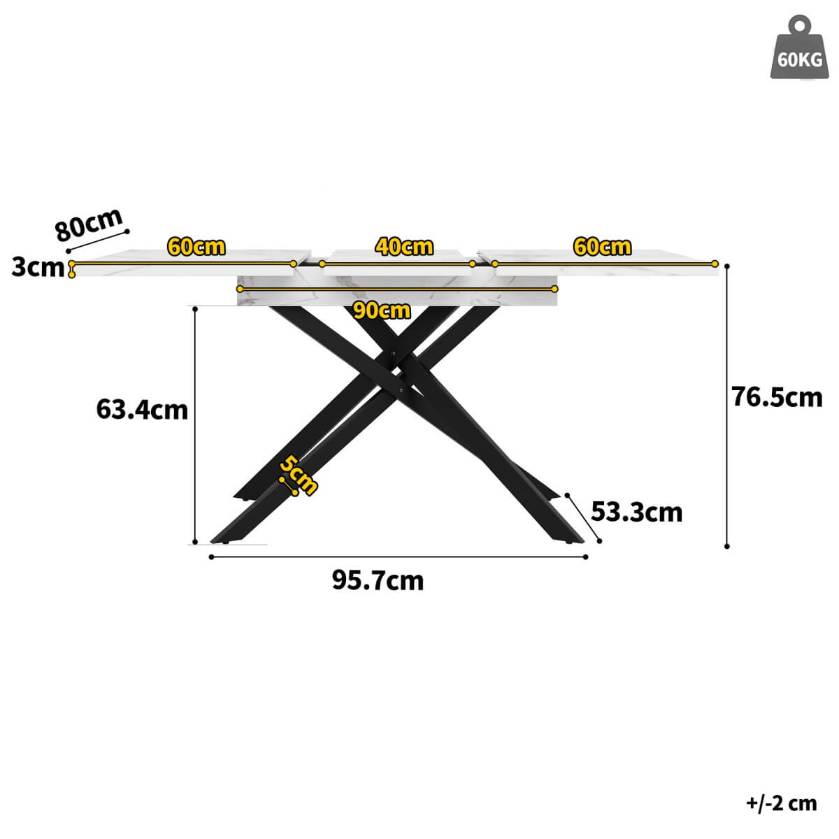 Extendable Dining Table 120–160cm – Space-Saving Telescopic Table with Crossed Metal Legs, Marble Effect Top
