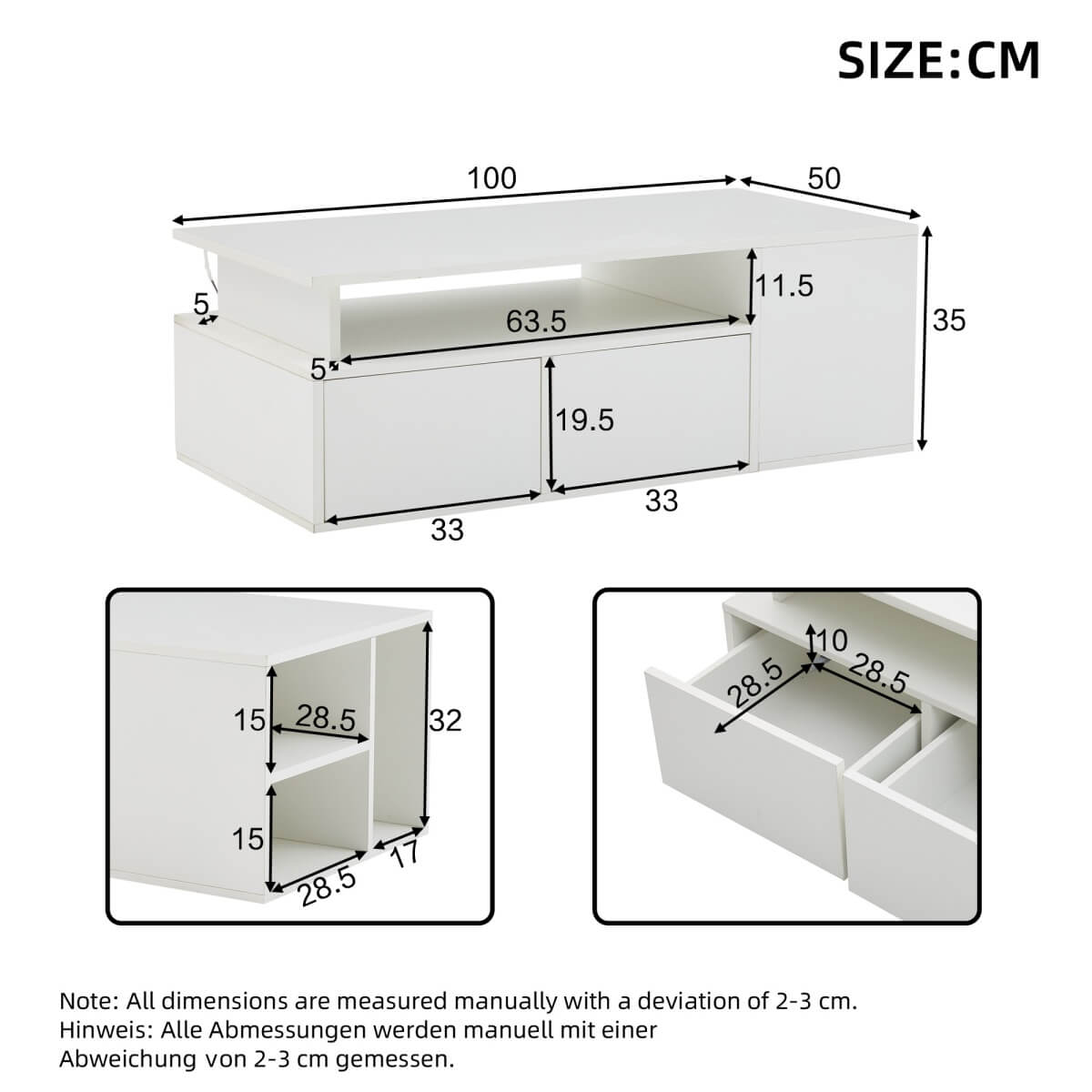 High Gloss Coffee Table with LED Lights - White Centre Table with 2 Drawers & Open Storage