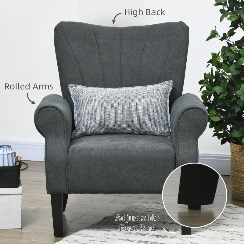 Upholstered Accent Chair, Rolled Arms Wood Legs, Grey