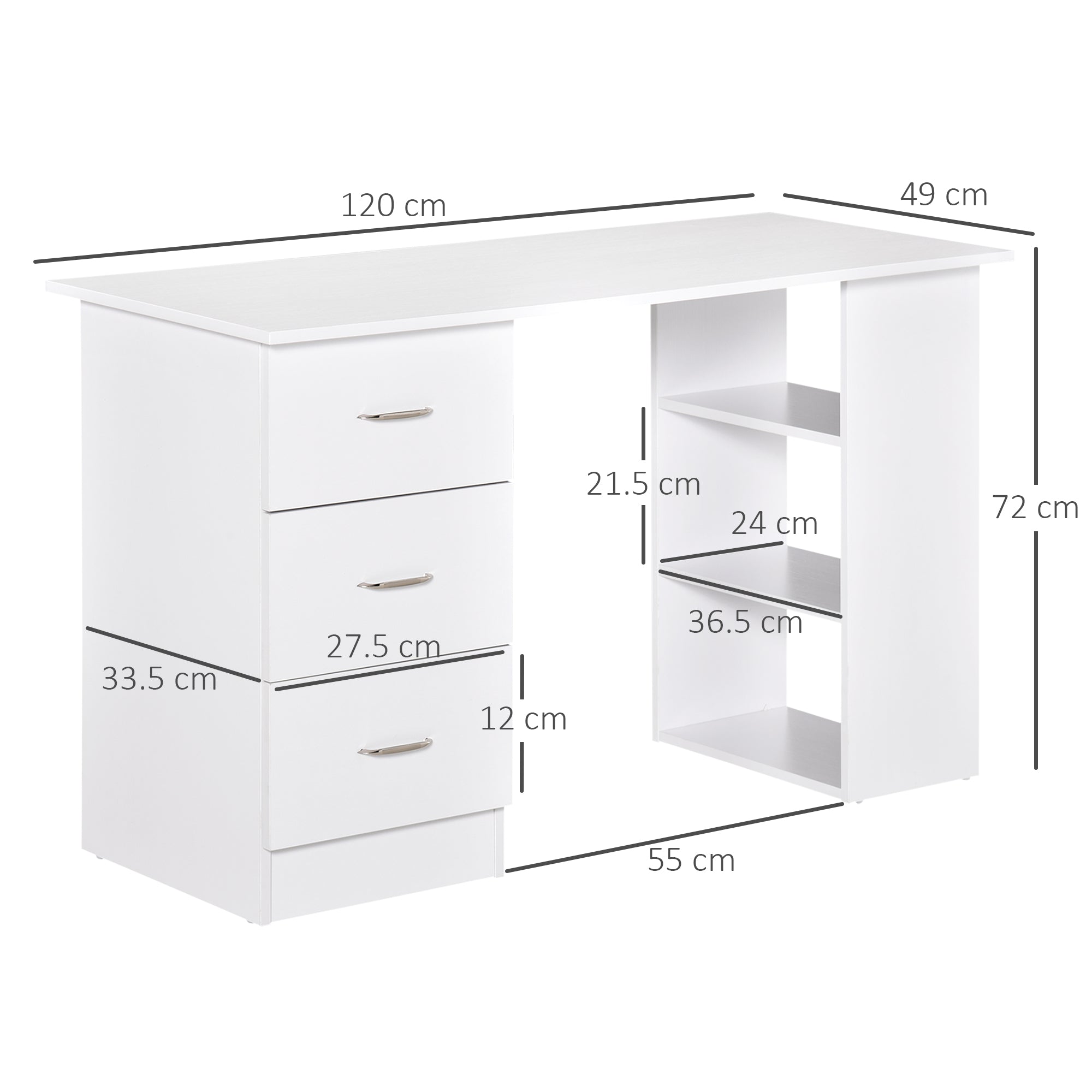 Computer Desk with 3 Storage Shelves & Drawers, White