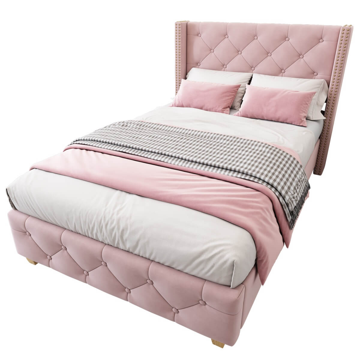 3ft Single Velvet Bed Frame - Upholstered Bed with Button & Stud Headboard, Wooden Legs, Pink