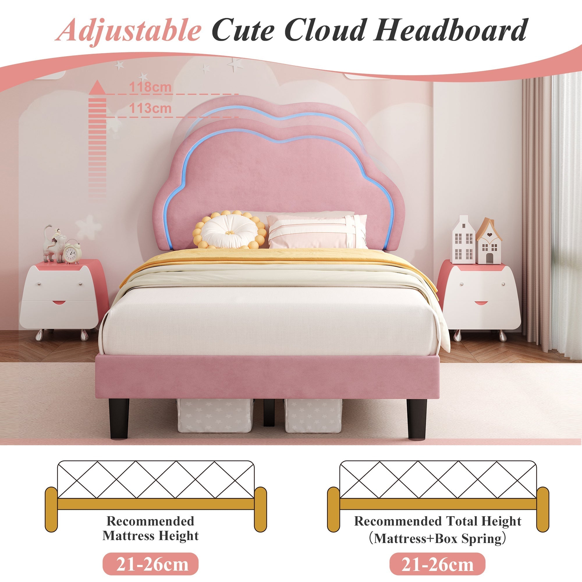 3ft Single Upholstered Bed with LED Adjustable Cute Cloud Headboard, Pink Soft Velvet