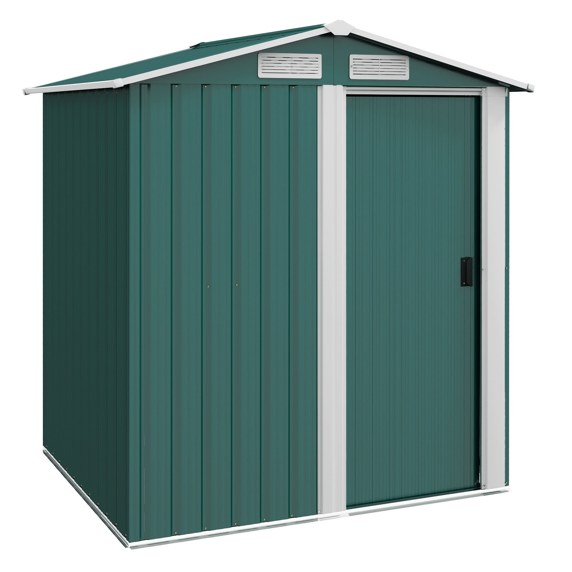 Garden Metal Tool Storage Shed with Sliding Door, Sloped Roof and Floor Foundation, Green