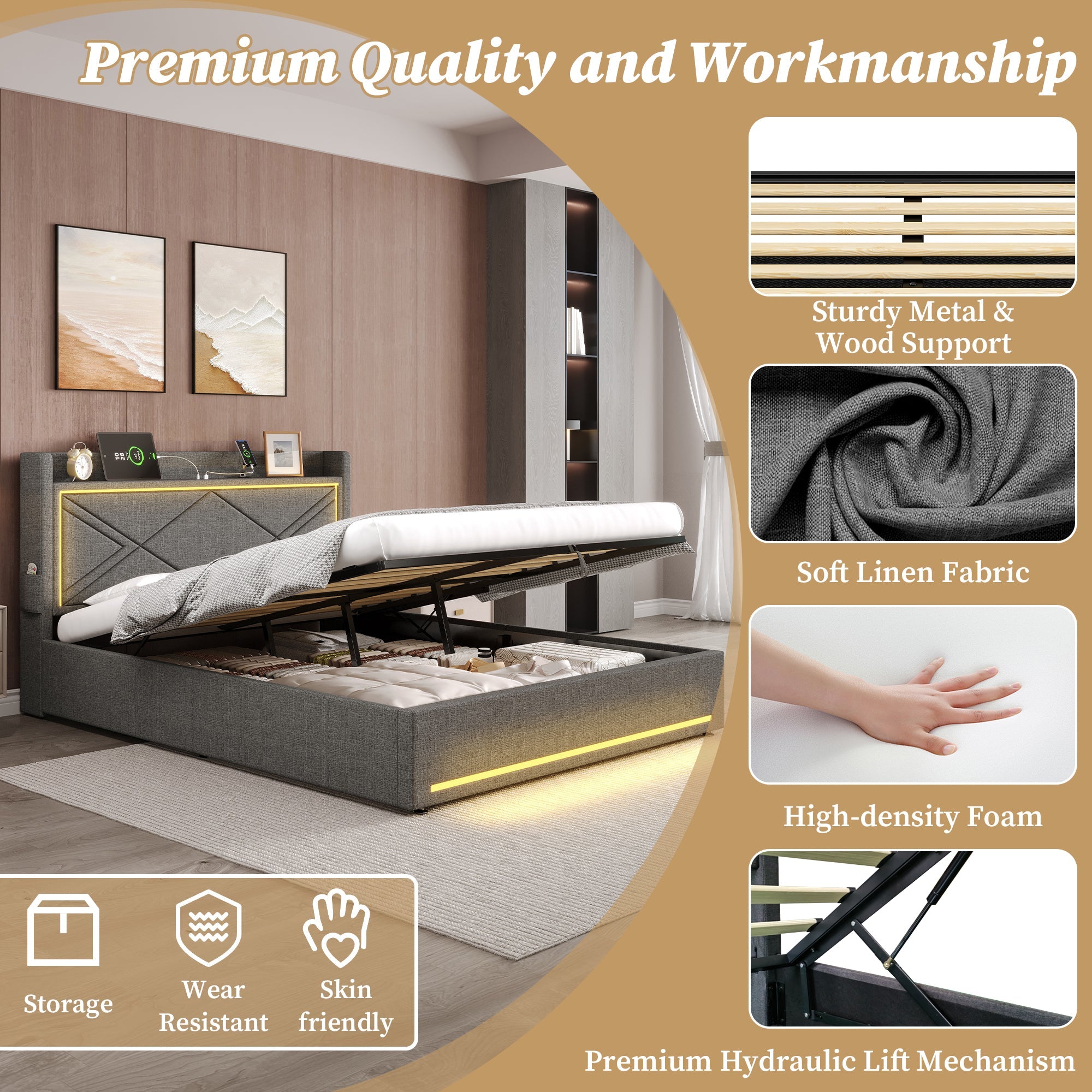 4ft6 Double Upholstered Bed Frame, Hydraulic Storage LED Charging Station, Grey Linen