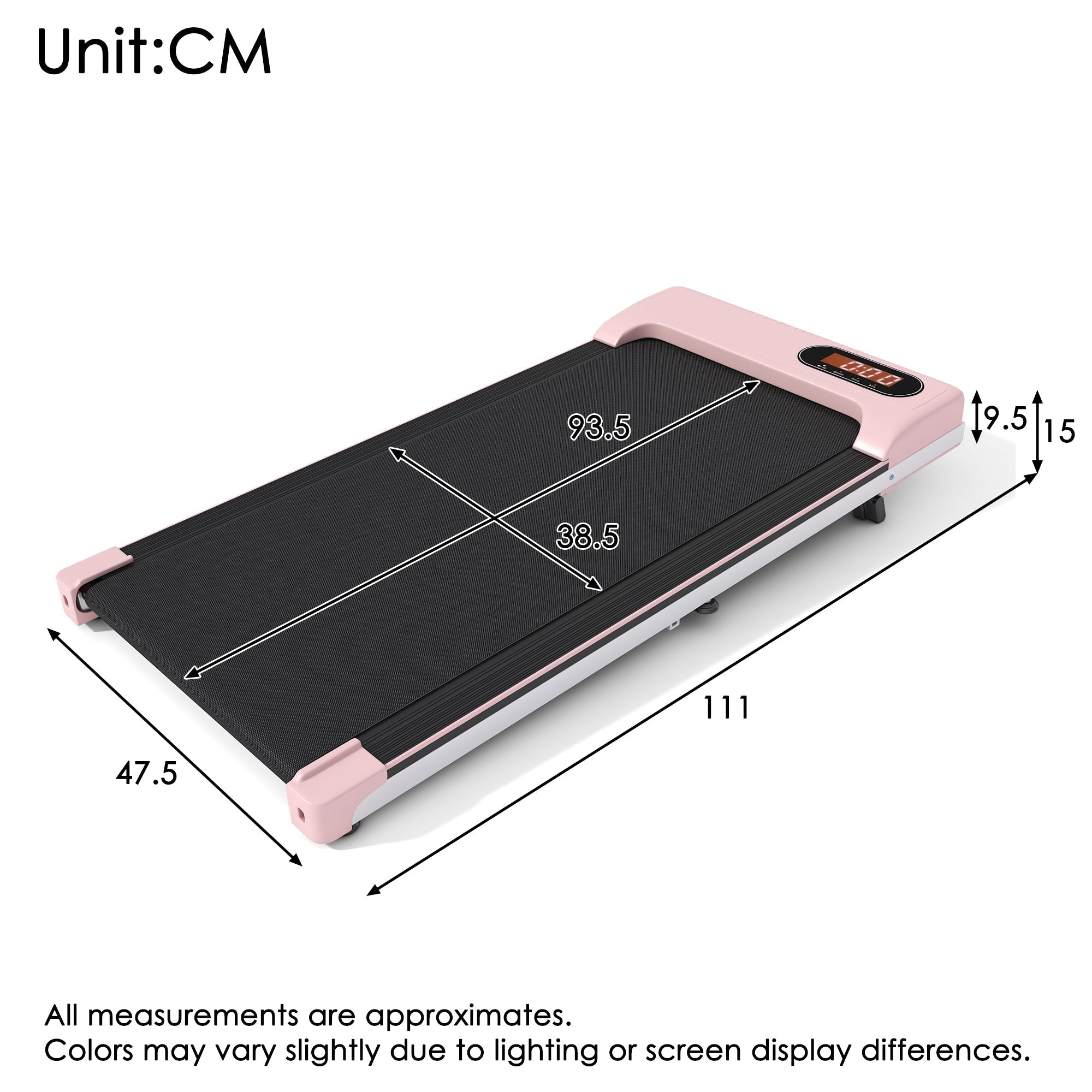 Folding Under Desk Walking Pad Treadmill with Adjustable Incline, 1-6 km/h Low Noise for Home & Office, LED Display, Magnetic Remote Control, Transport Wheels & Plug, Pink.