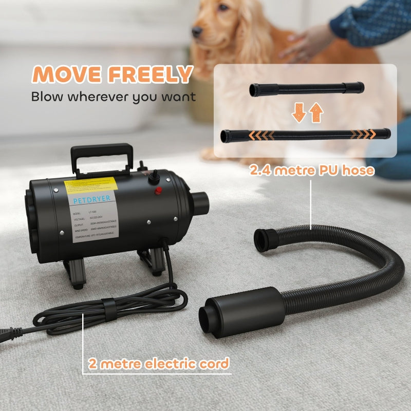 Dog Hair Dryer, 2200W, Adjustable Temperature & Velocity, 3 Nozzles, Black