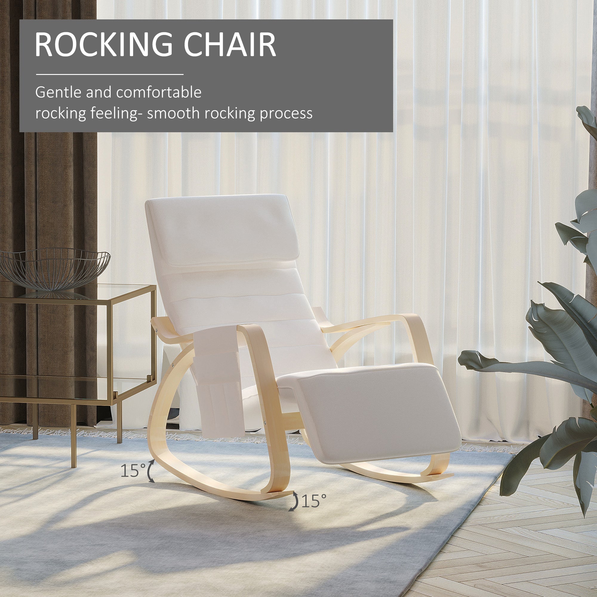 Rocking Lounge Chair Recliner with Adjustable Footrest, Side Pocket, Cream White