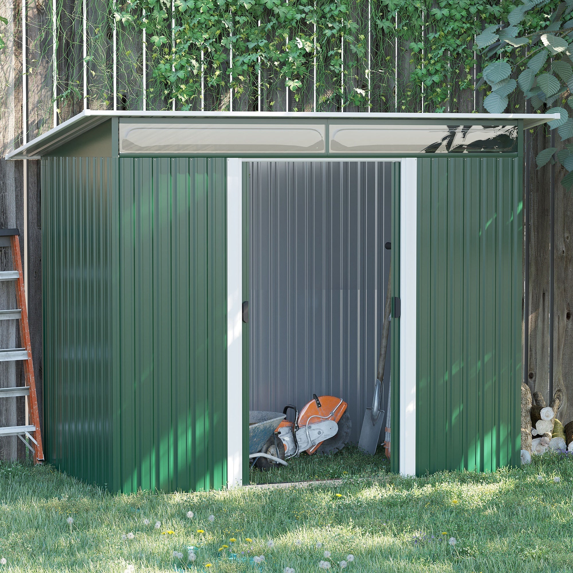 Metal Shed 8.5 x 4ft, Lightsky Panels, Double Doors, Green