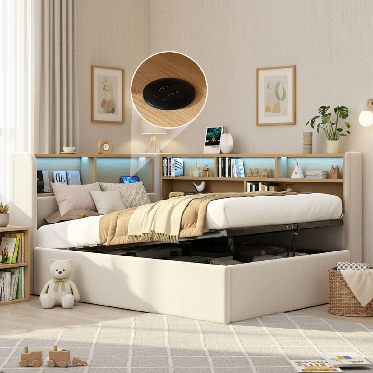 3FT Single L-Shaped Upholstered Daybed  - Velvet Sofa Bed with Hydraulic Storage & USB