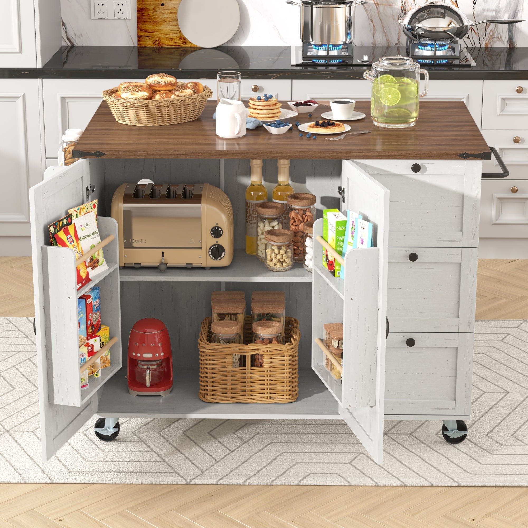 Kitchen Island Serving Cart with Extendable Worktop and Wood Grain, Two Doors and Three Drawers