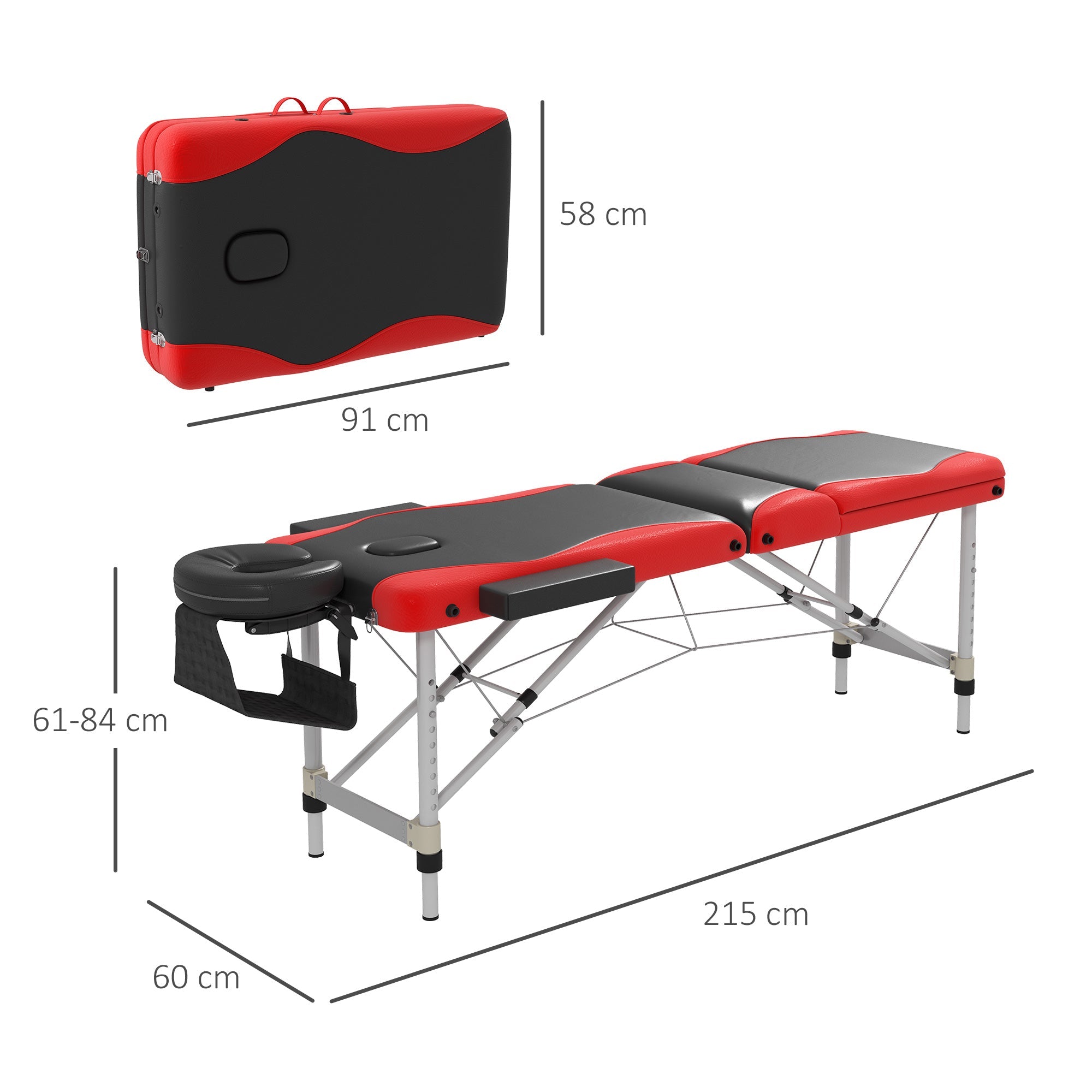 Foldable Massage Bed Portable Table, 3-Section Aluminium Beauty Couch with Headrest Support and Carry Bag, 60cm, Black and Red