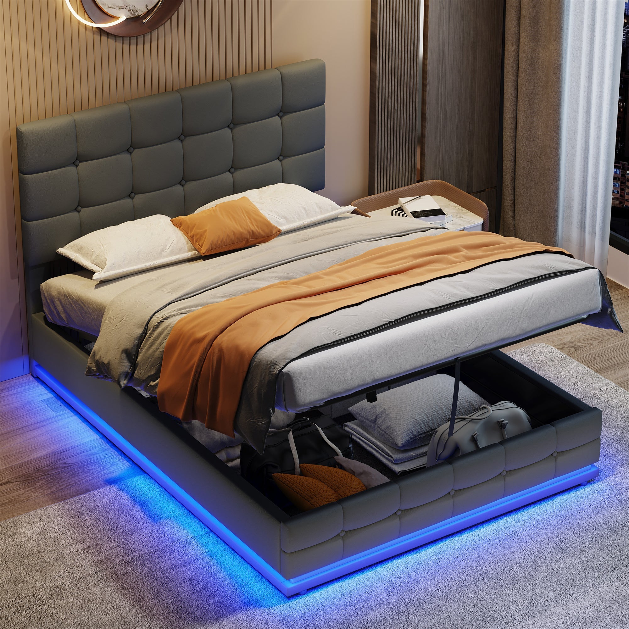 Ottoman Double Bed with LED Lighting, Hydraulic Storage, Adjustable Headboard, Grey PU Leather