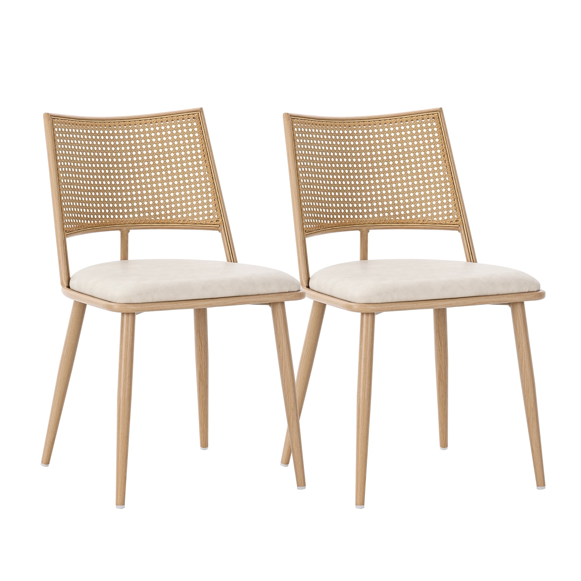 Set of 2, PU seat, rattan backrest, Bamboo kitchen chair with imitation rattan backrest and retro side armchair, suitable for home, restaurant, living room, cafe,beige