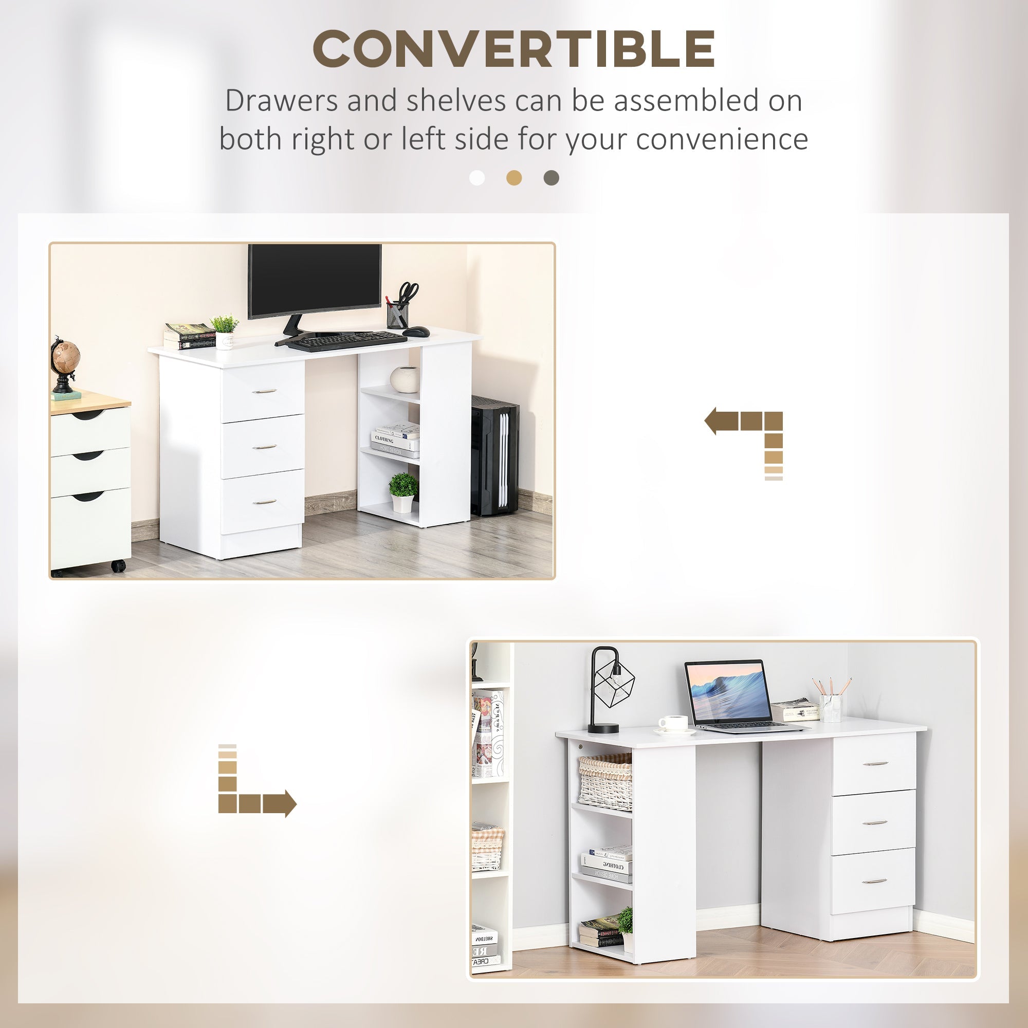 Computer Desk with 3 Storage Shelves & Drawers, White