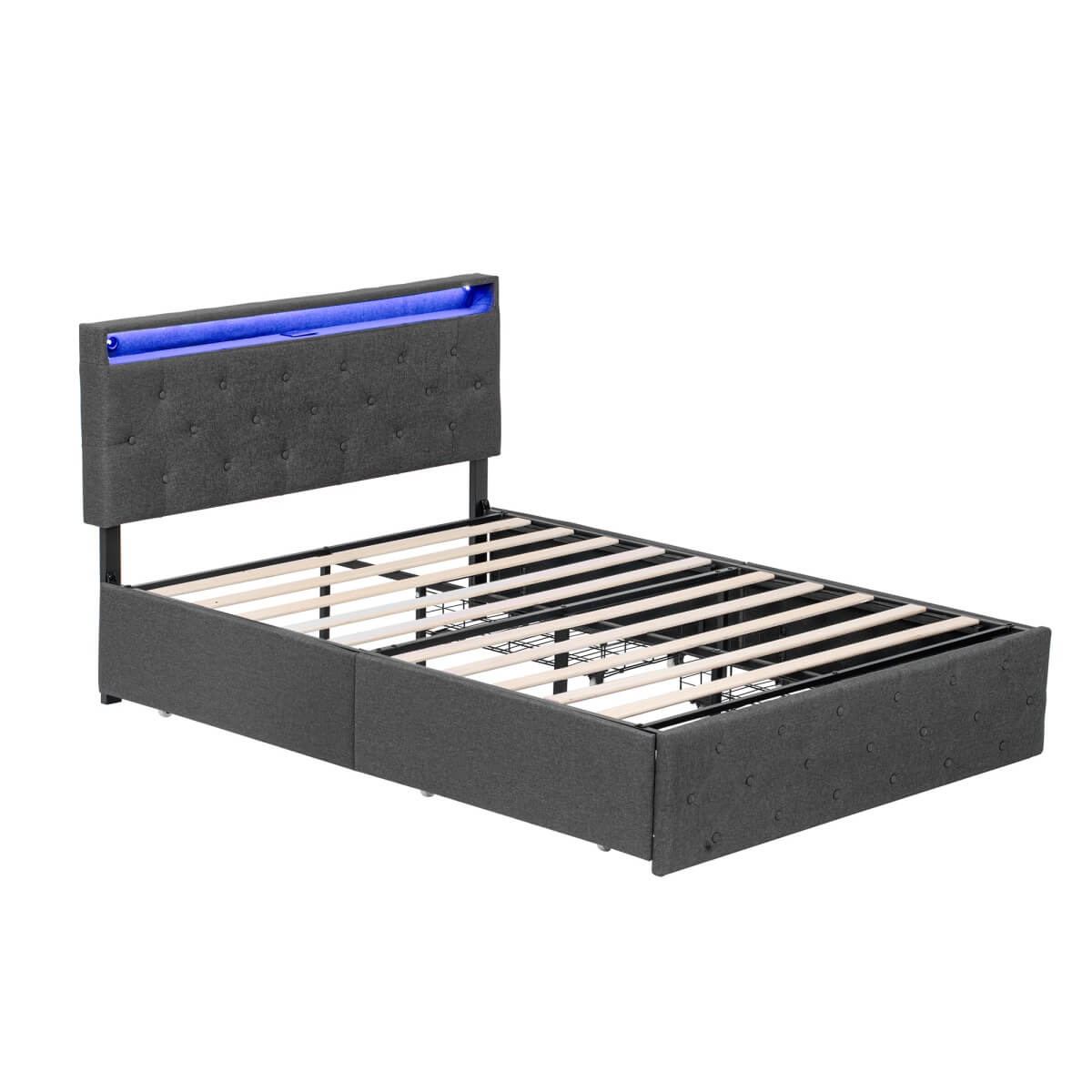 4ft6 Double Upholstered Storage Bed - LED Drawers with USB & Type-C Charging, Adjustable Tufted Headboard