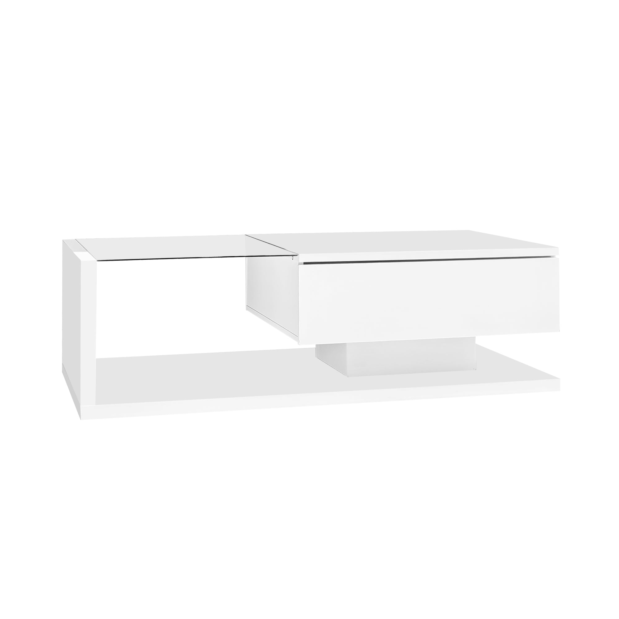 Coffee table, high-gloss white. Side tables, coffee tables with glass and LED