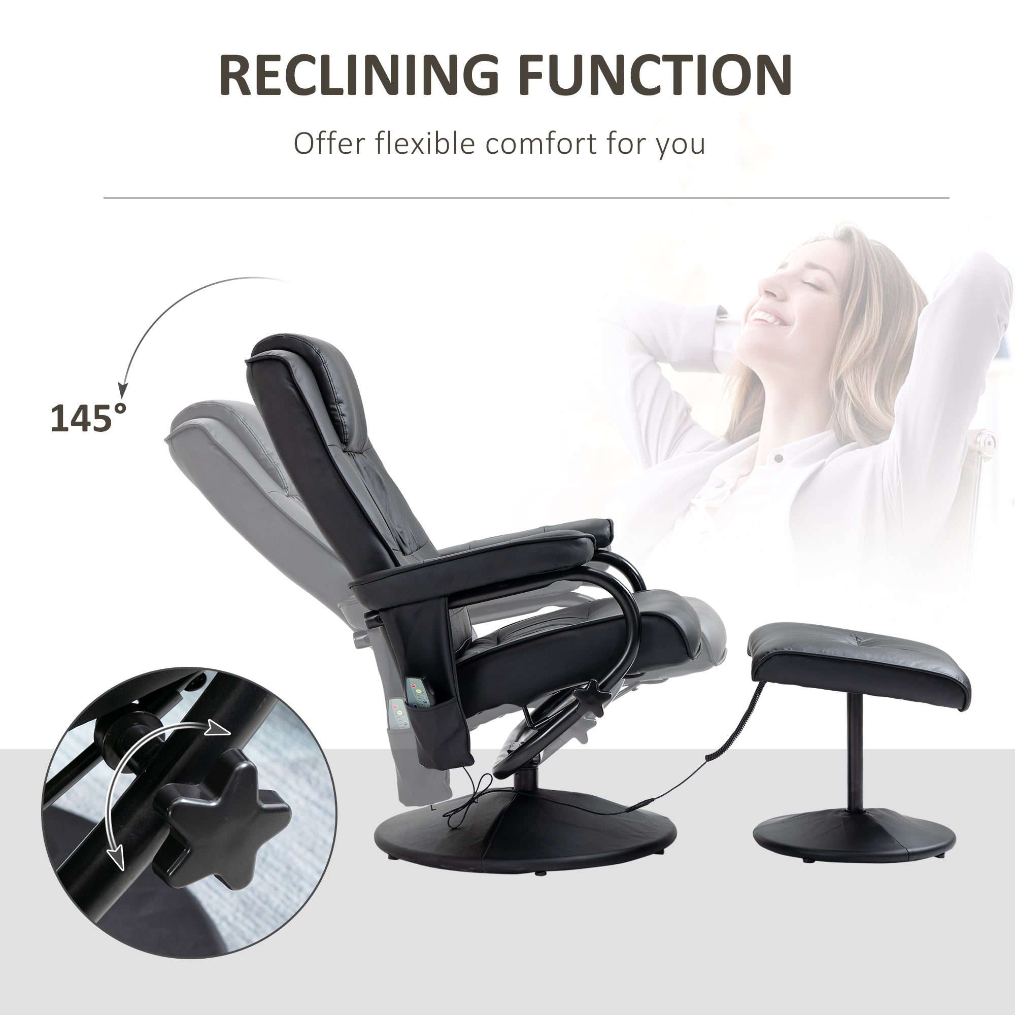 Swivel Recliner Chair and Footstool, Massage Armchair with Remote Control, Black Faux Leather