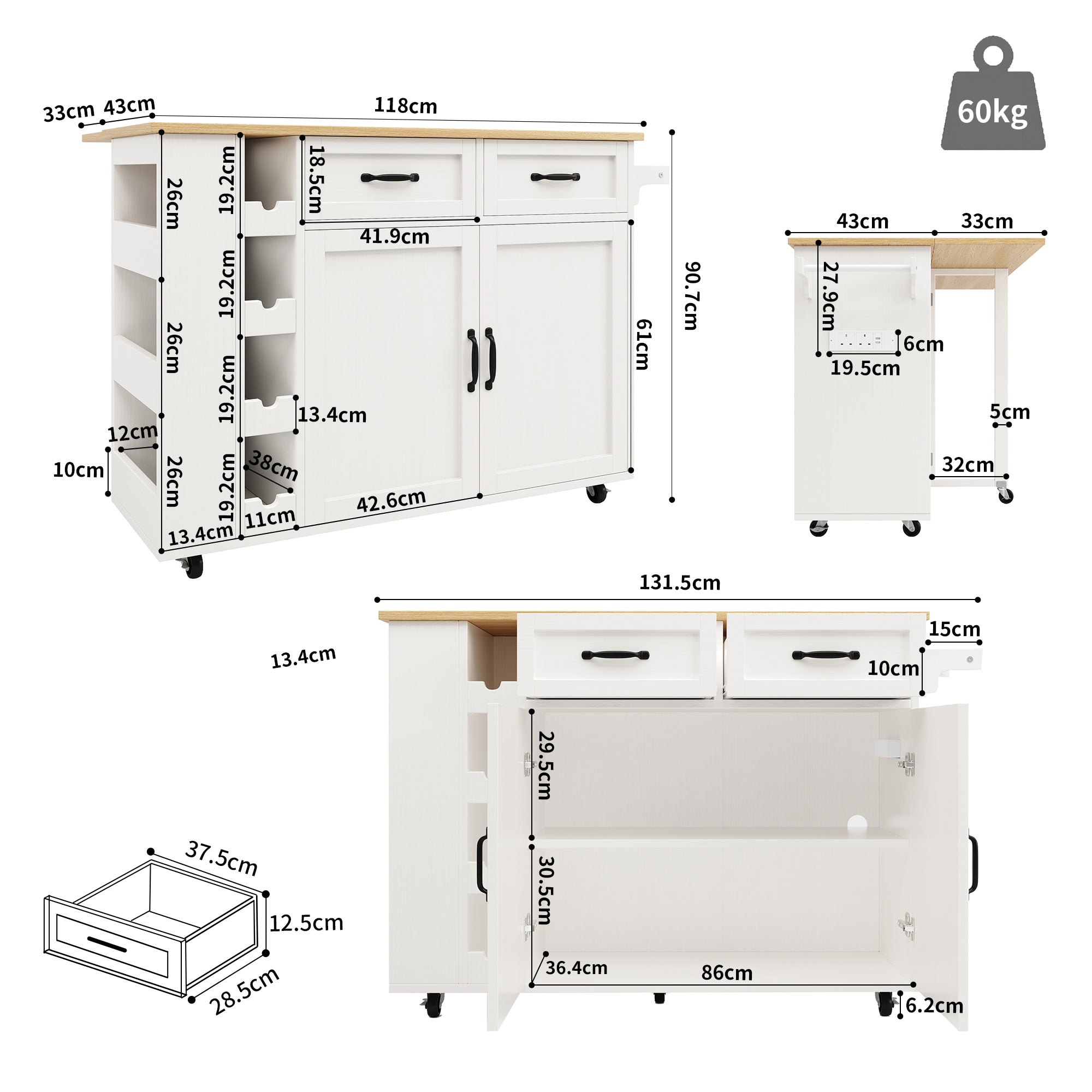 Kitchen Island with Power Strip and Wine Rack, White Wood Grain