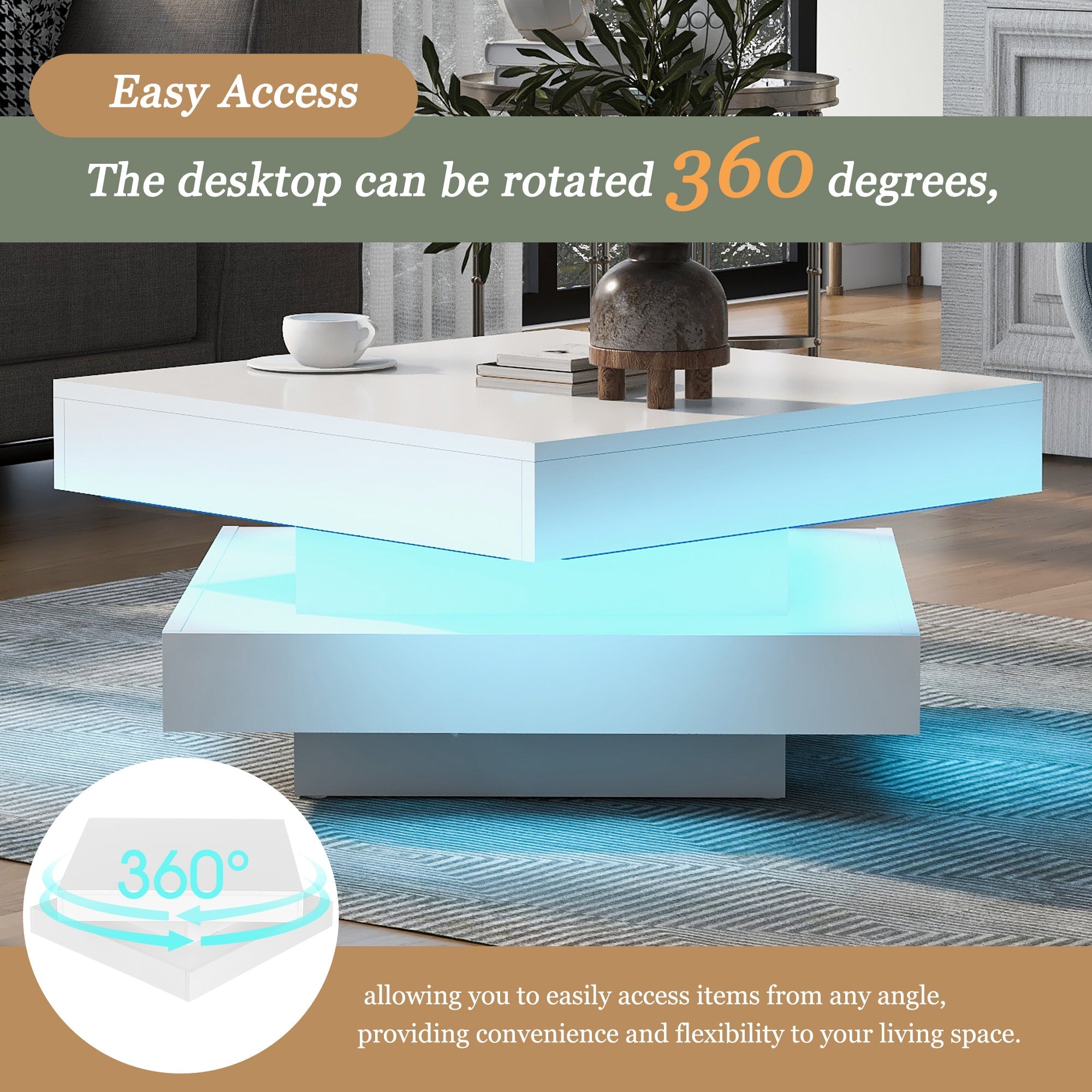 White Square High Gloss Coffee Table with 360¡ã Rotating Top, Tea Table with 16-Color LED light, 70x70x36 cm
