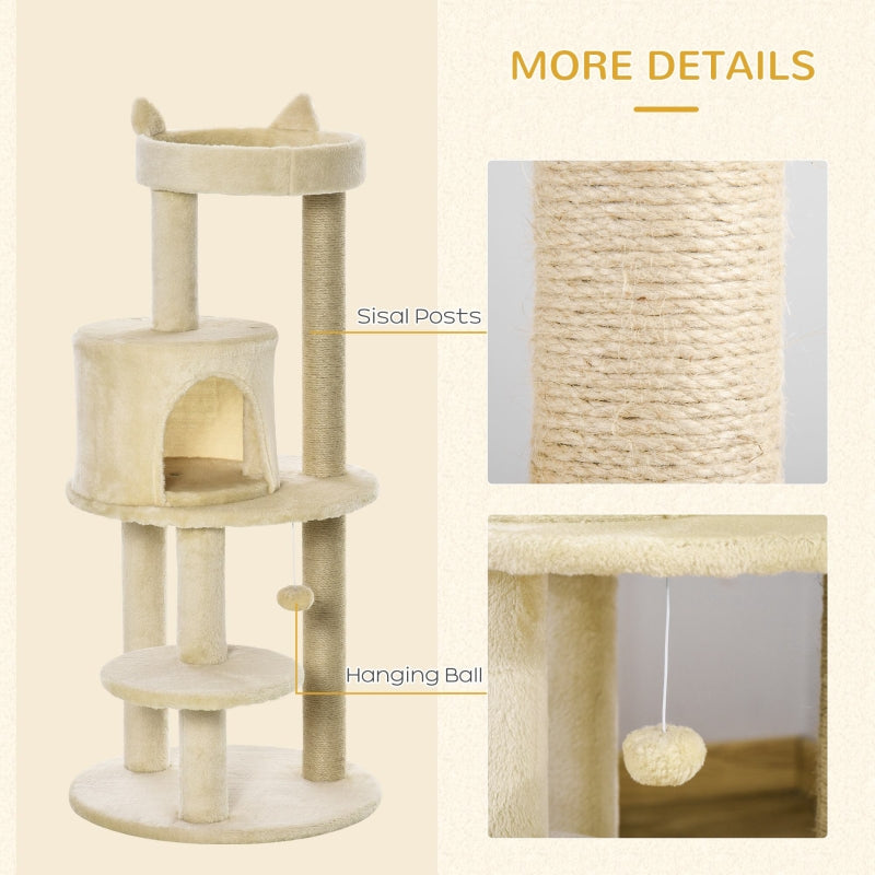 Cat Tree 104 cm Cat Condo Tower Activity Centre Scratching Posts Plush Perch Hanging Ball - Cream White