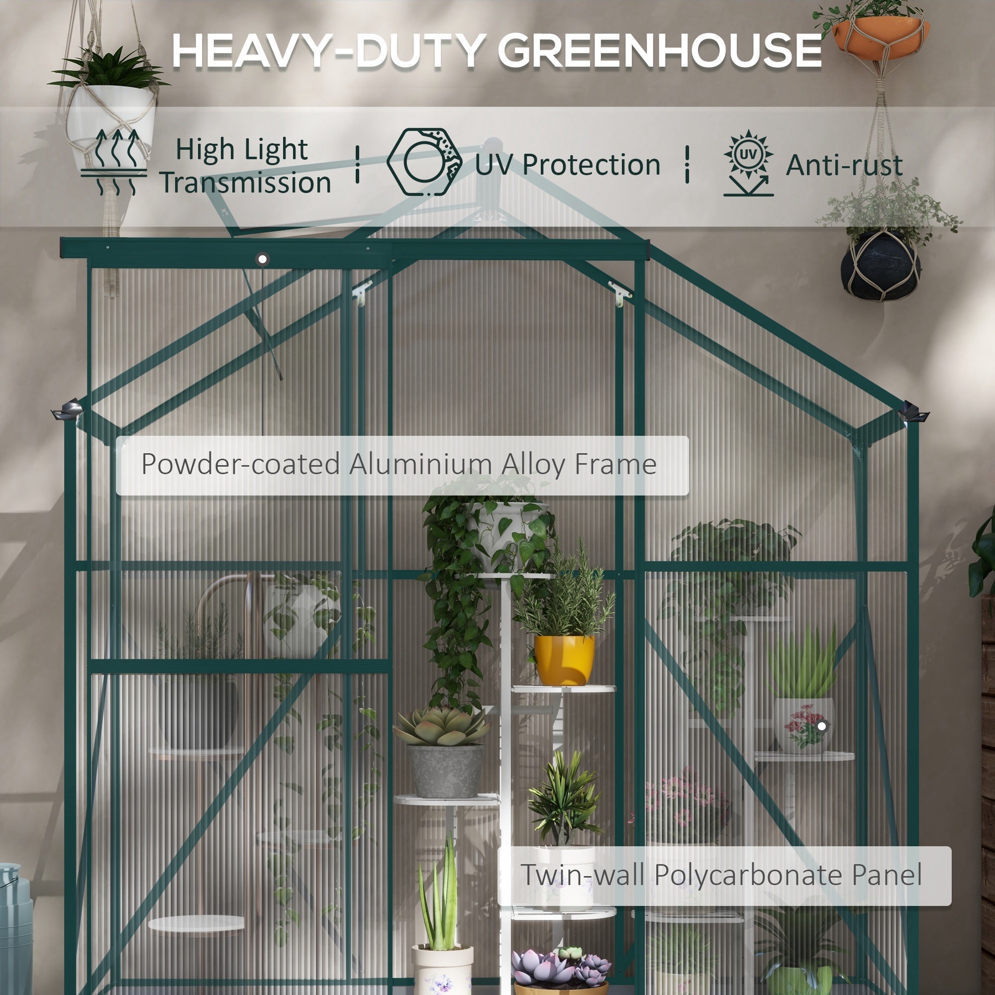 Greenhouse Walk-In with Rain Gutter, Sliding Door, Window, Foundation, Green