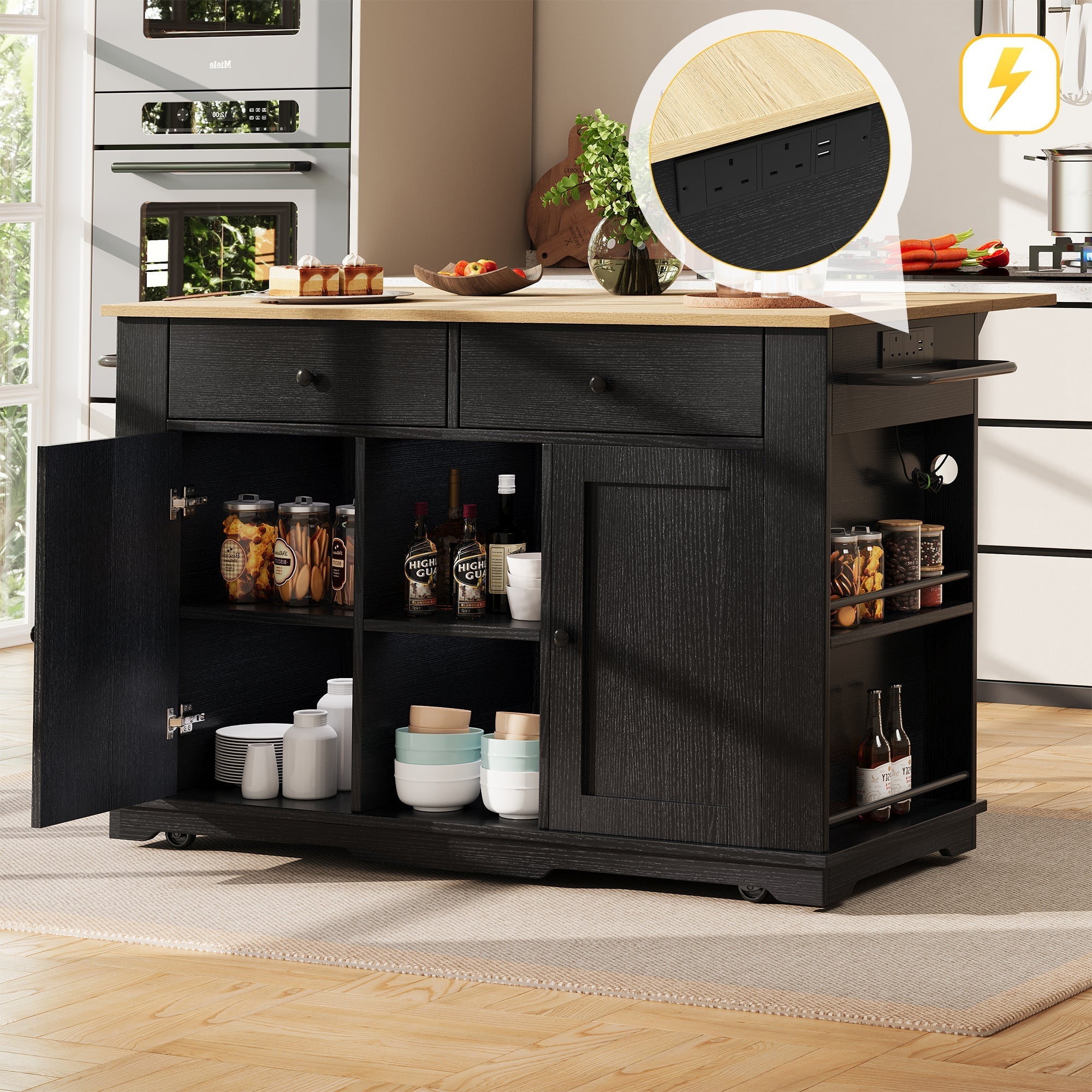 Kitchen Island with Power Strip and Wood Grain, Black