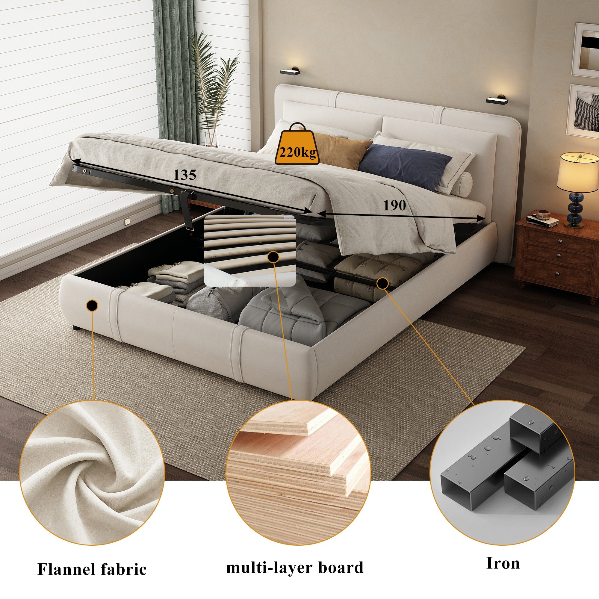 Upholstered Bed, Hydraulic Storage Function, 4ft6 Double 135x190cm, Durable, Sturdy, Removable Soft Headboard Backrest, Velvet Plywood Beige