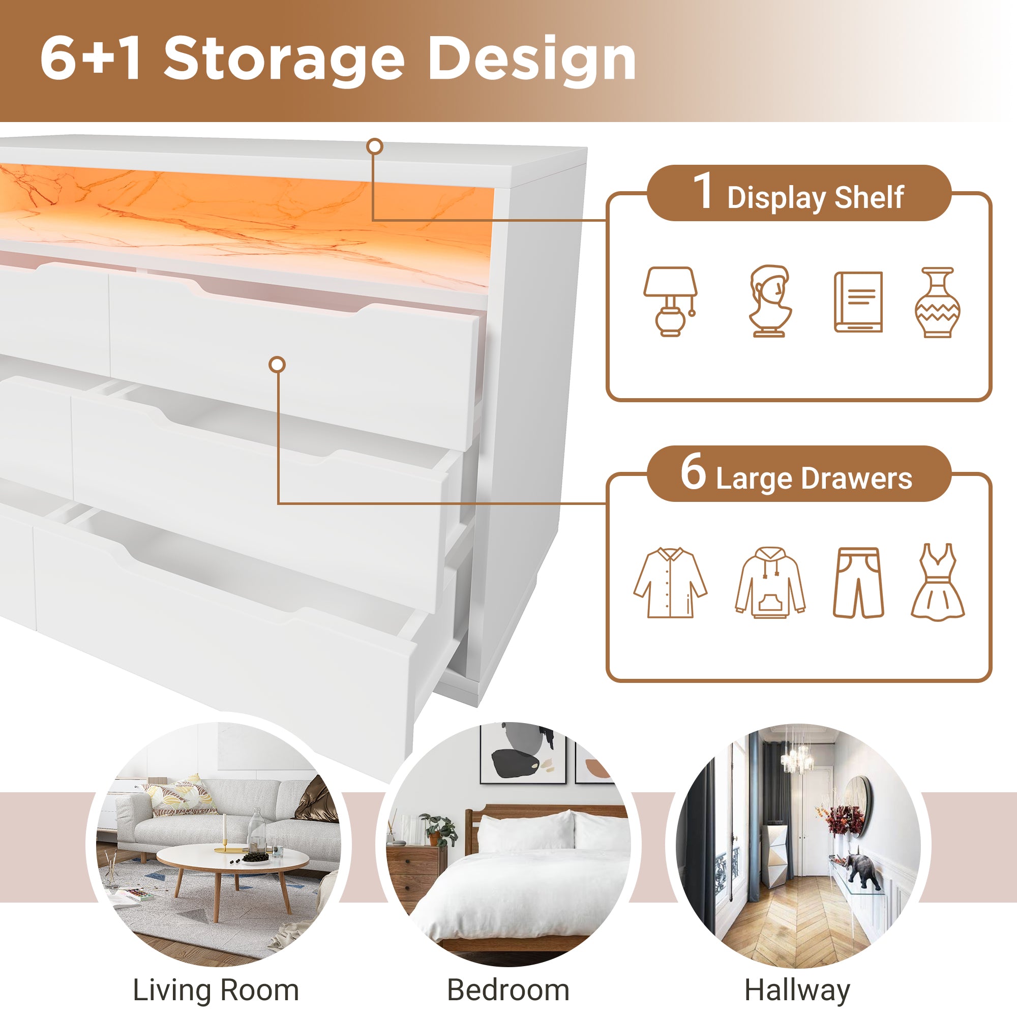 Marbled 6-Drawer Sideboard, RGB LED Lighting & Shelves, White