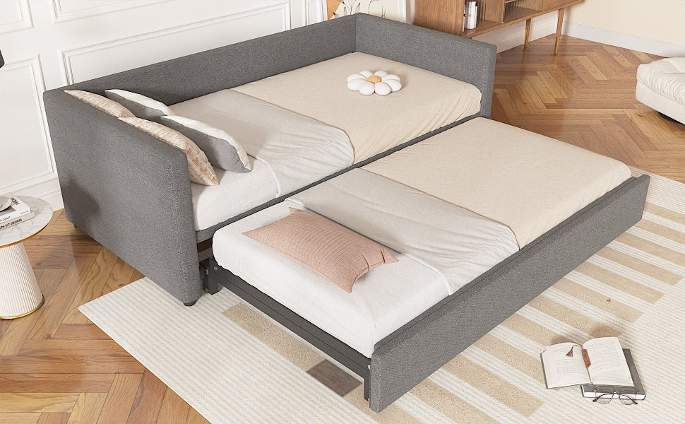 Upholstered Bed, 3FT Single with Pull-Out Trundle, Daybed Sofa, Linen Grey