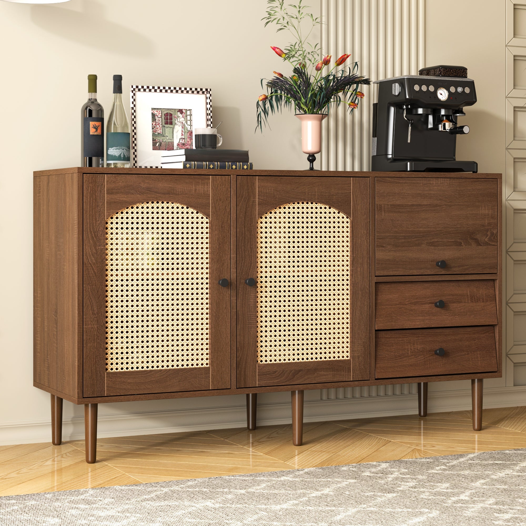 Country-Style Sideboard with Rattan Doors, Magnetic Closure Adjustable Shelves, Wood Tone