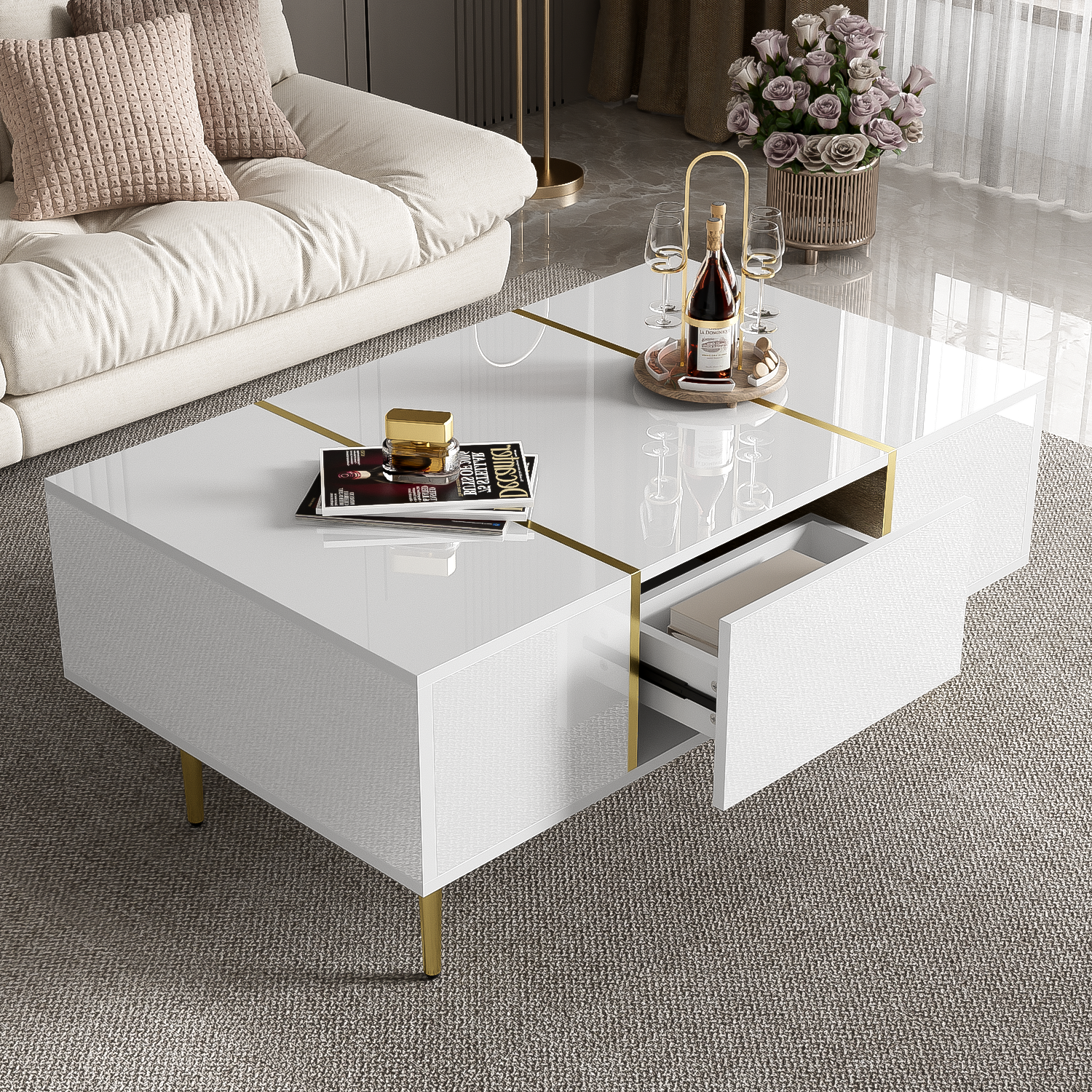 White high-gloss coffee table, modern and simple, with 2 drawers, made of Particle Board.