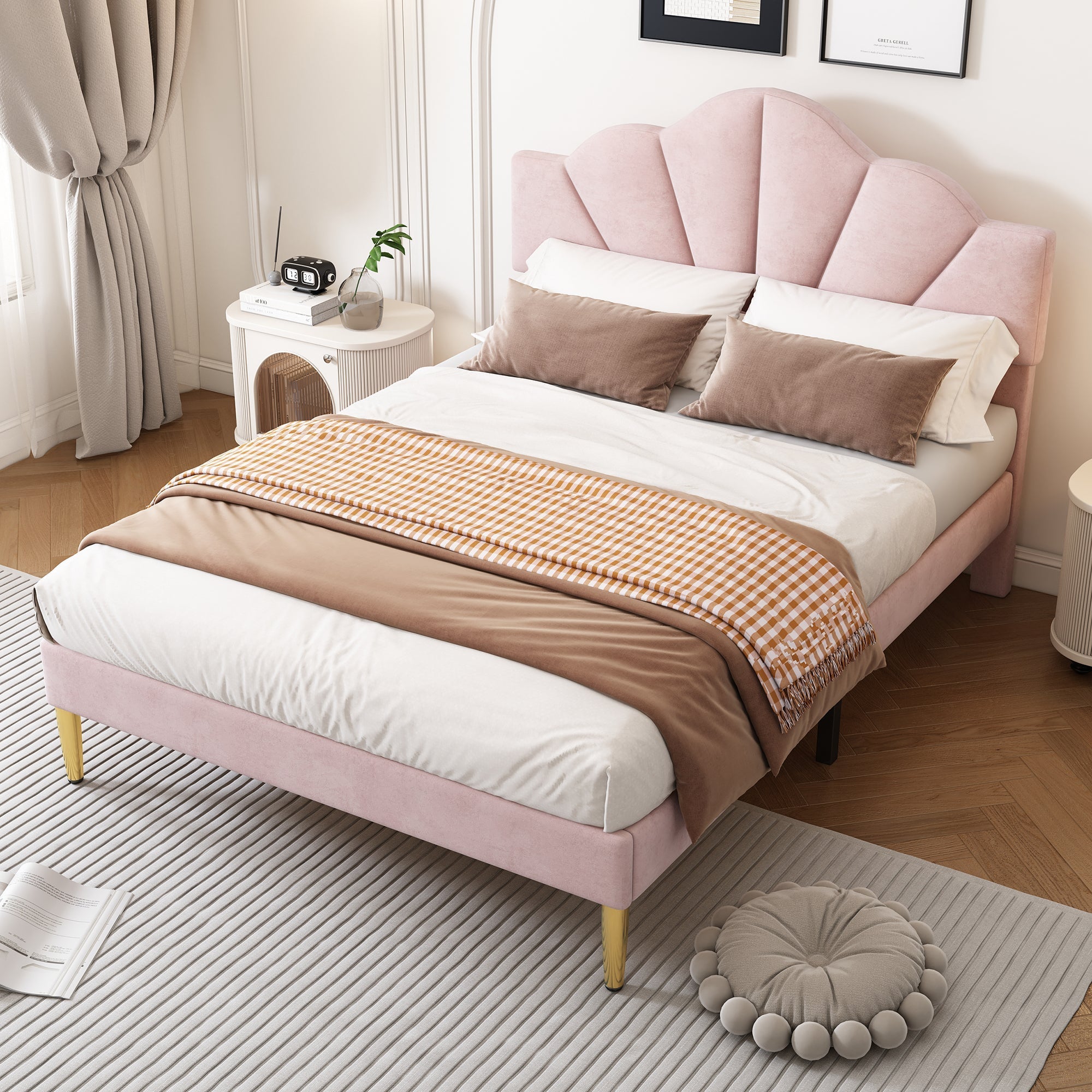 Velvet Upholstered Bed, King Size (150x200cm), Shell-Like Headboard with Golden Iron Legs, Adjustable Height, Wooden Slats, Pink