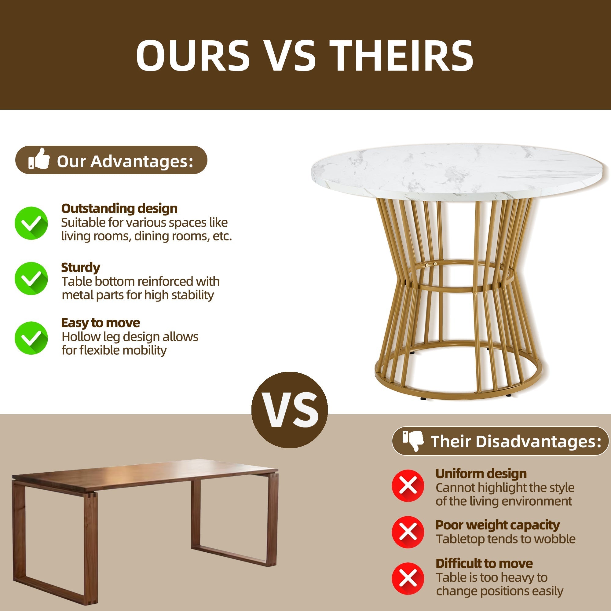 White with Metal Leg (1 piece), Kitchen Table, Sturdy Metal Frame