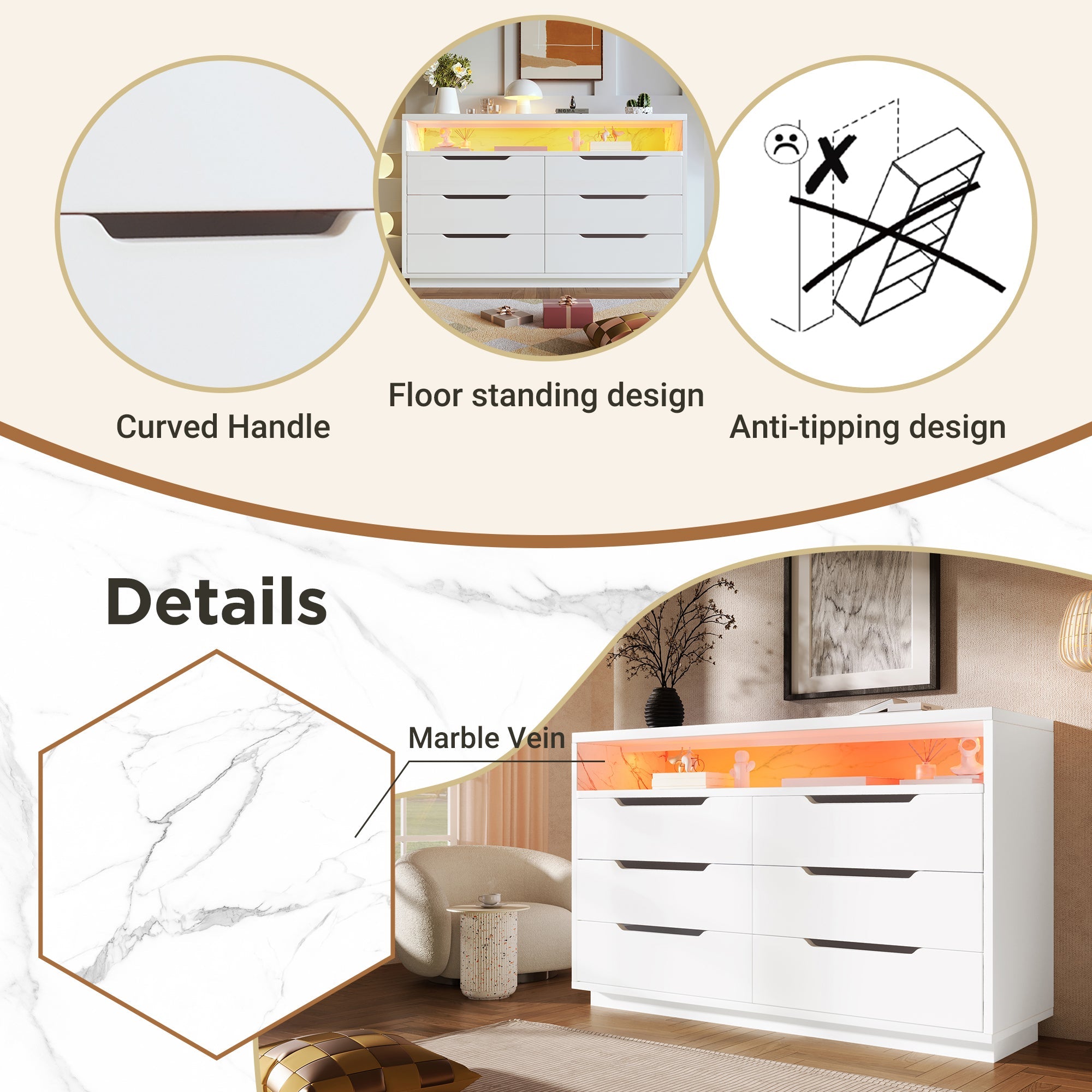 Marbled 6-Drawer Sideboard, RGB LED Lighting & Shelves, White