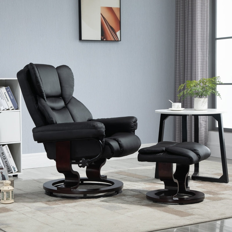 360¡ã Swivel Recliner Chair with Footstool, Manual Recliner Armchair, Black PU Leather