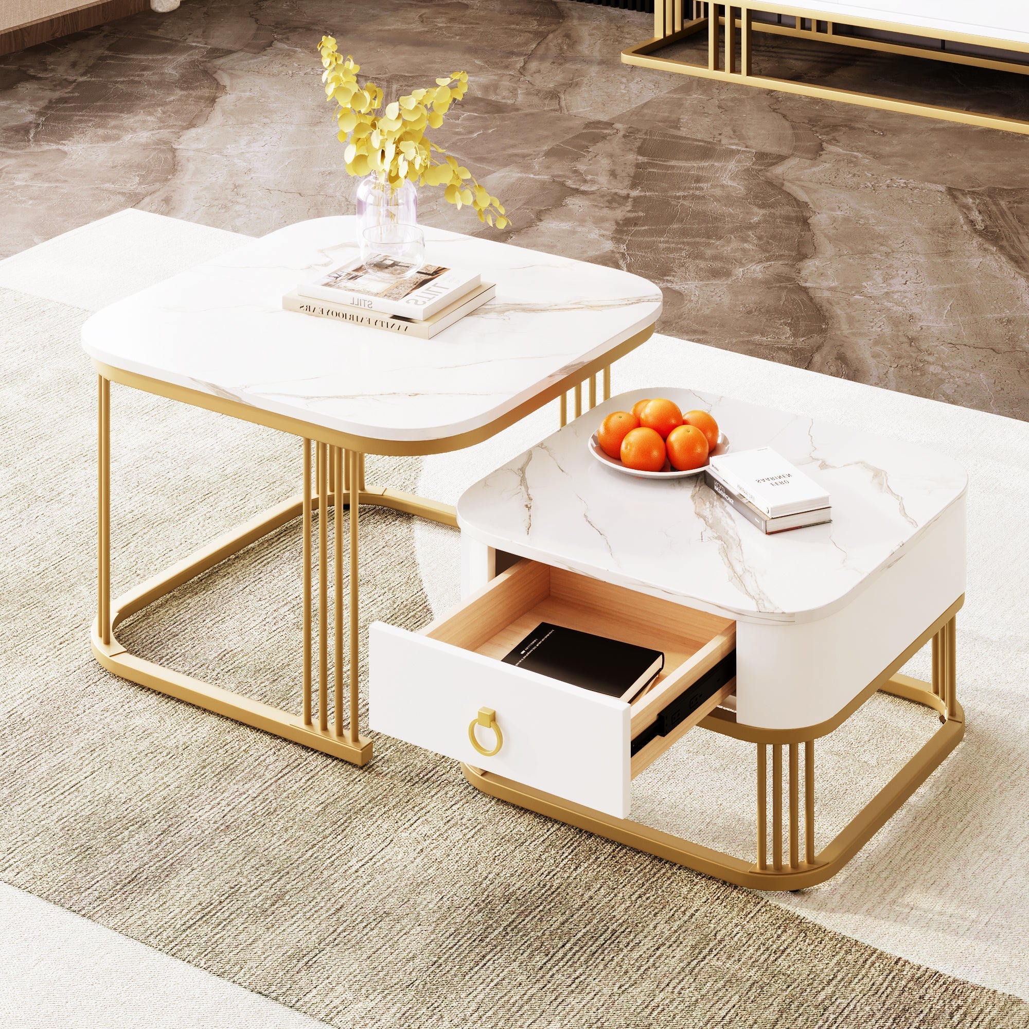 Nestable Coffee Table: High Gloss Marble Exterior, Gold Accents, Side Table with Drawer. Set of Two