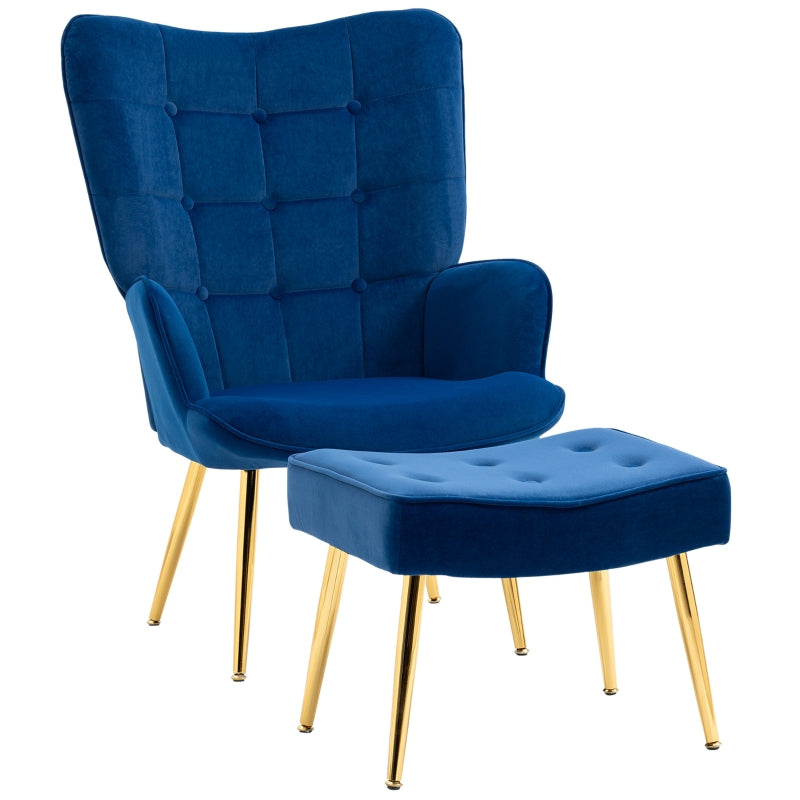 Modern Armchair with Footstool, Upholstered Accent Chair with Steel Legs, Dark Blue Velvet