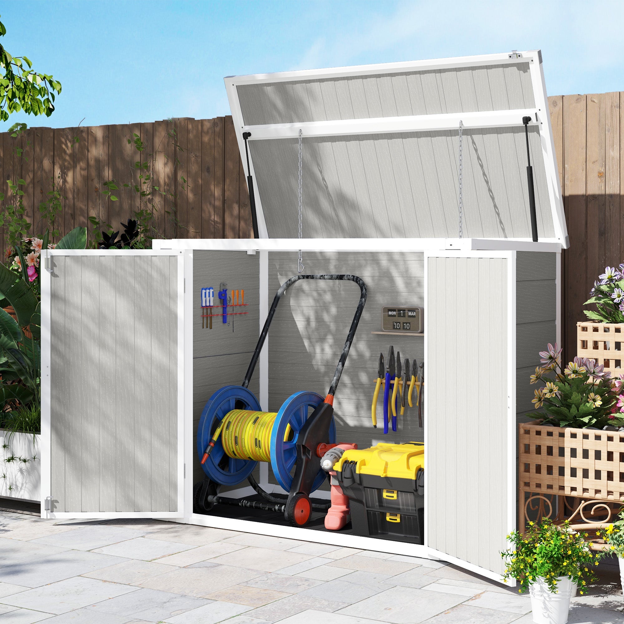 Garden Shed, Lockable Outdoor Storage with Openable Lid, Light Grey