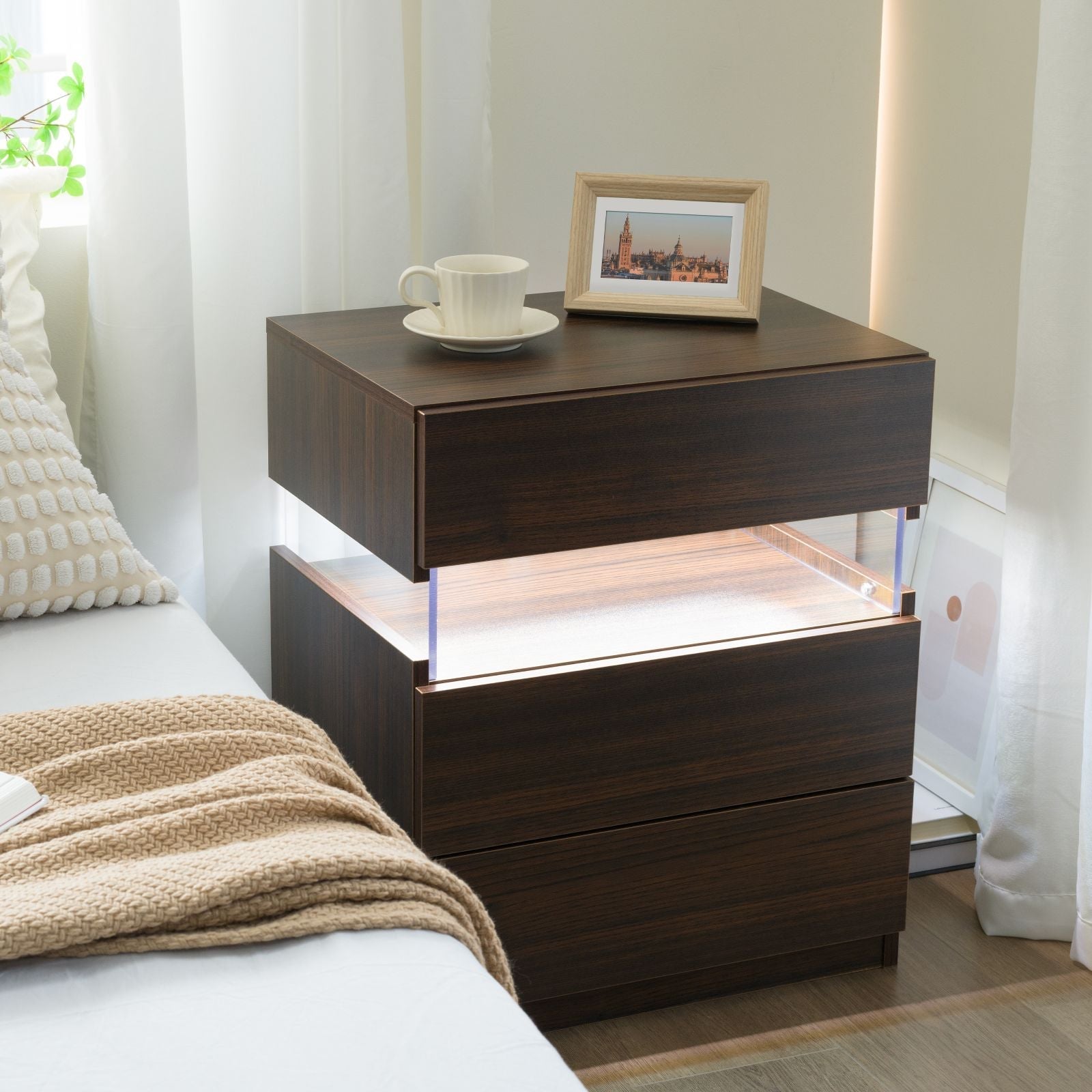 LED Nightstands: Acrylic Board LED Bedside Tables for Bedroom End Table with 3 Drawer Dresser, Walnut Material